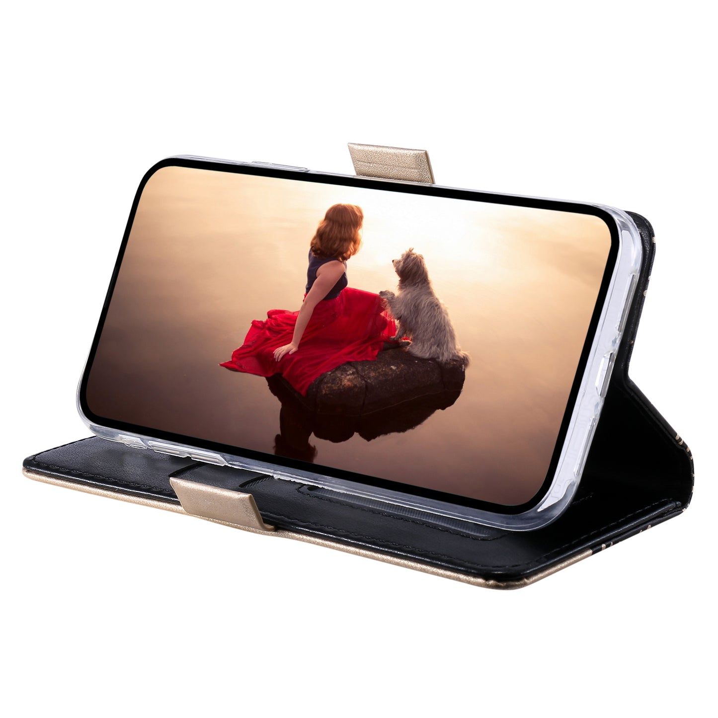 Uniqkart for iPhone 15 Ultra Lace Flower Pattern Zipper Wallet Phone Case Stand Leather Cover with Bowknot Wrist Strap - Black