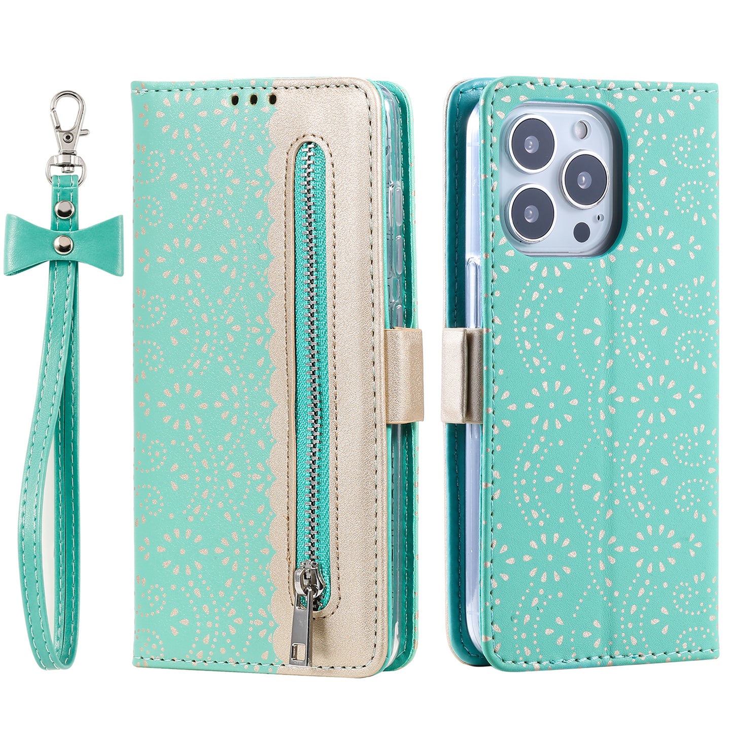 Uniqkart for iPhone 15 Ultra Lace Flower Pattern Zipper Wallet Phone Case Stand Leather Cover with Bowknot Wrist Strap - Green
