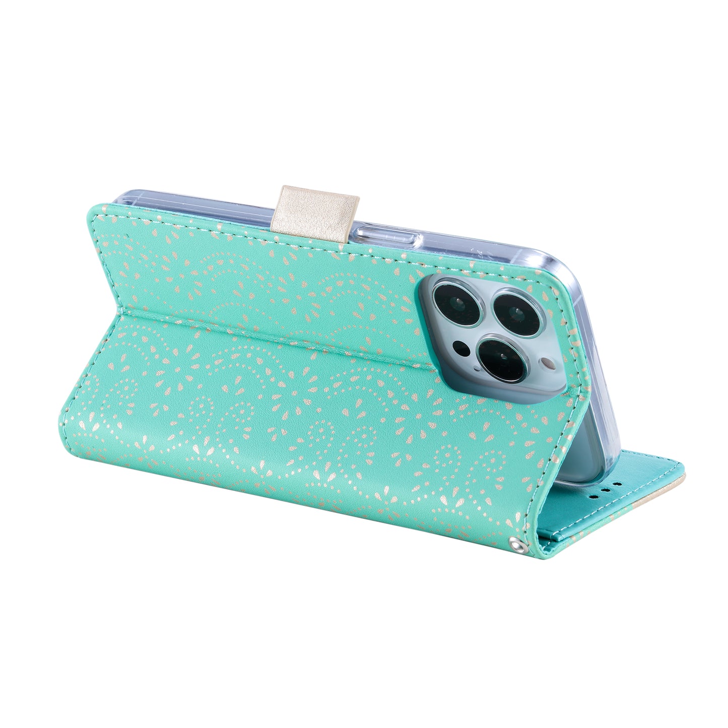 Uniqkart for iPhone 15 Ultra Lace Flower Pattern Zipper Wallet Phone Case Stand Leather Cover with Bowknot Wrist Strap - Green