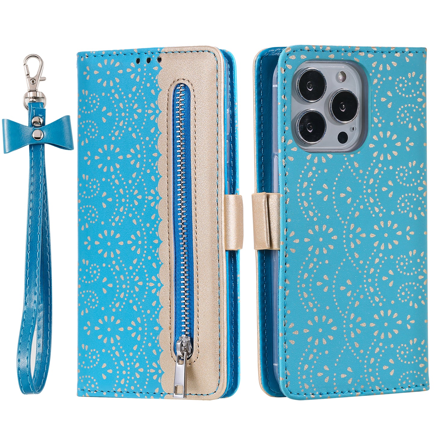 Stand Shell for iPhone 15 Pro Zipper Wallet Lace Flower Pattern Leather Phone Case with Bowknot Wrist Strap - Blue