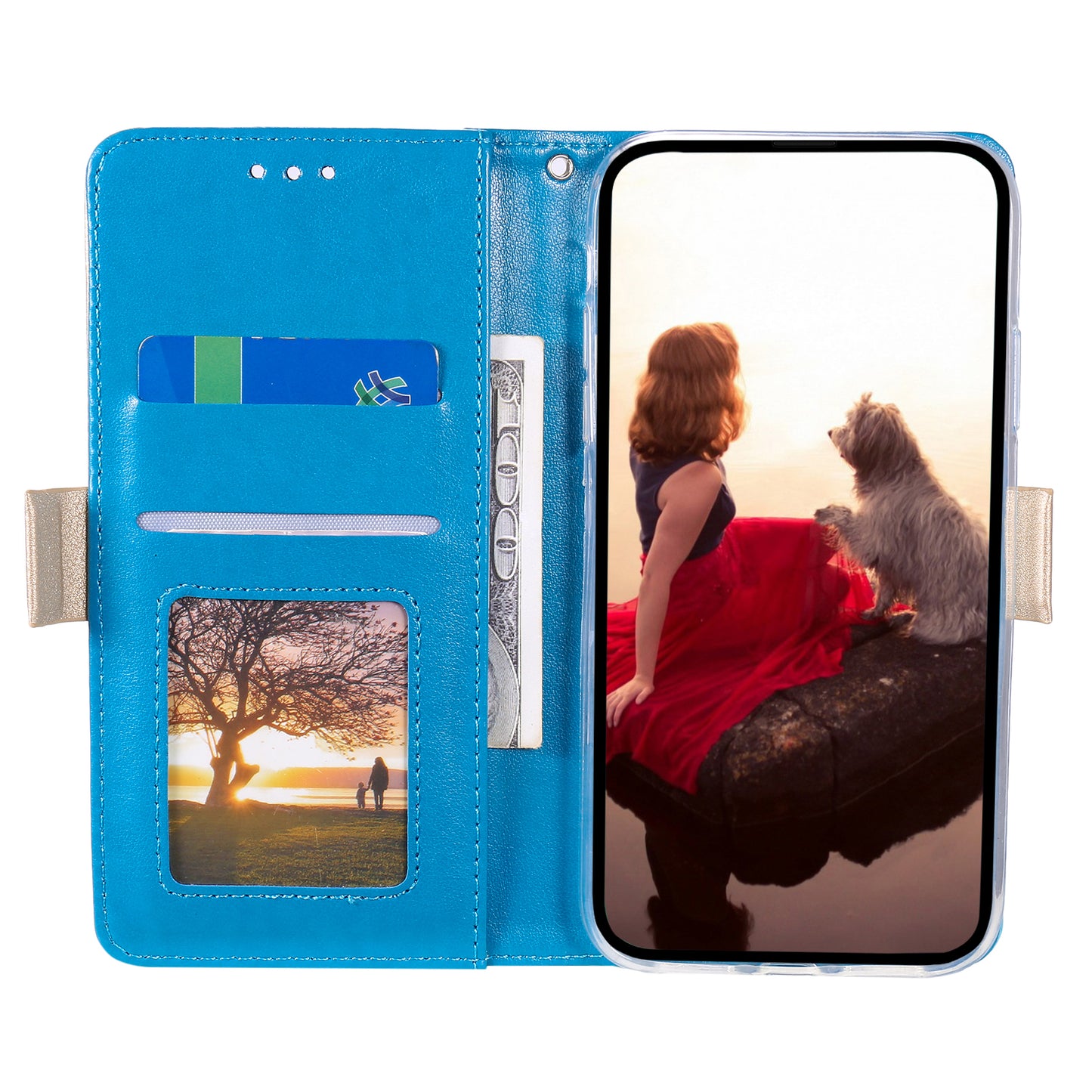 Stand Shell for iPhone 15 Pro Zipper Wallet Lace Flower Pattern Leather Phone Case with Bowknot Wrist Strap - Blue