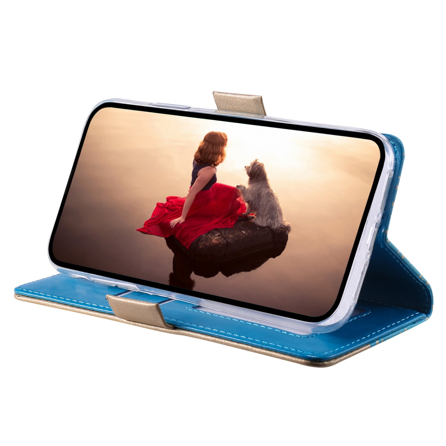 Stand Shell for iPhone 15 Pro Zipper Wallet Lace Flower Pattern Leather Phone Case with Bowknot Wrist Strap - Blue