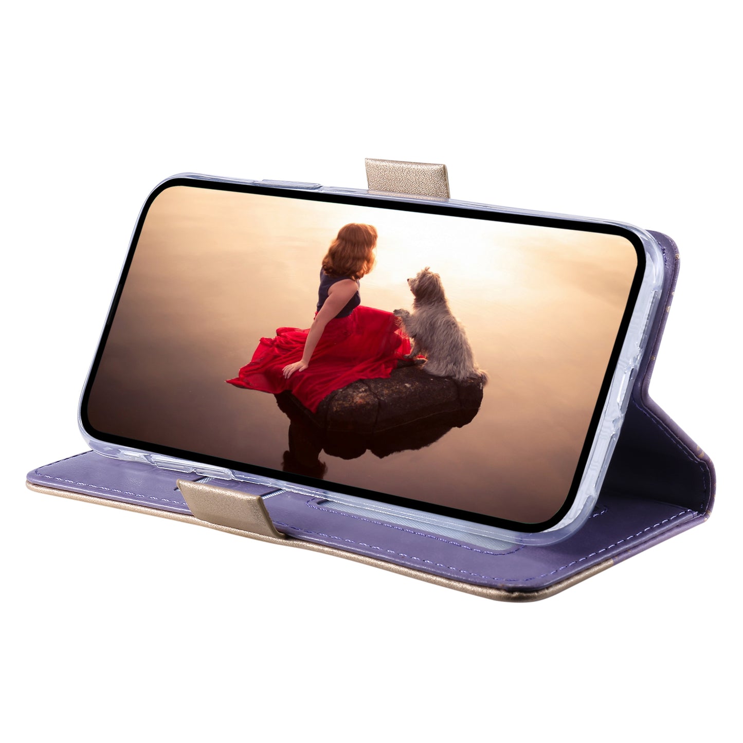 Stand Shell for iPhone 15 Pro Zipper Wallet Lace Flower Pattern Leather Phone Case with Bowknot Wrist Strap - Purple