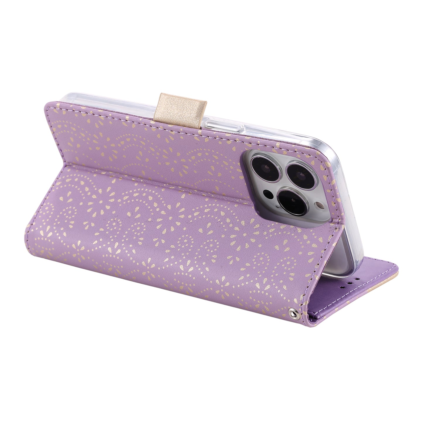 Stand Shell for iPhone 15 Pro Zipper Wallet Lace Flower Pattern Leather Phone Case with Bowknot Wrist Strap - Purple
