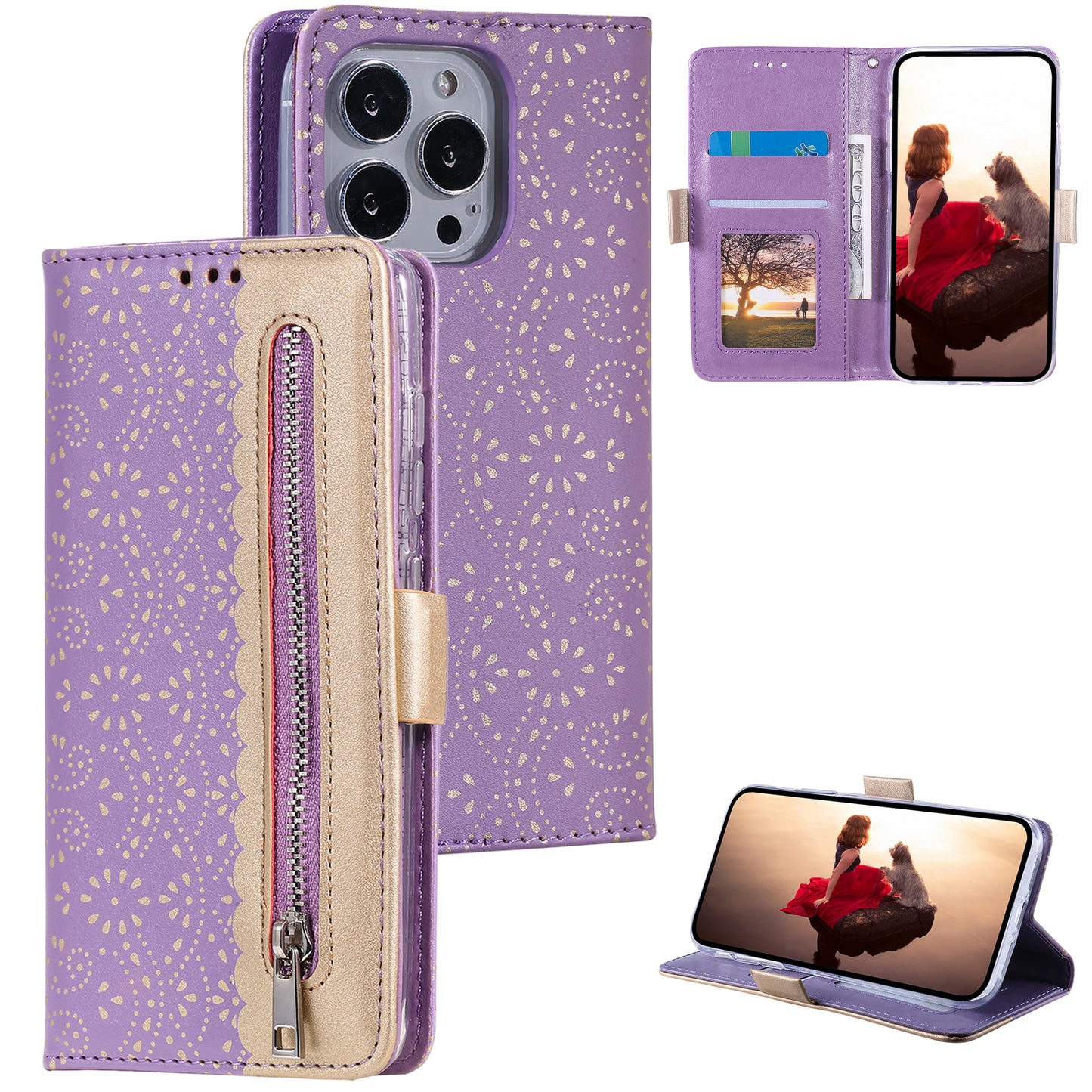 Stand Shell for iPhone 15 Pro Zipper Wallet Lace Flower Pattern Leather Phone Case with Bowknot Wrist Strap - Purple