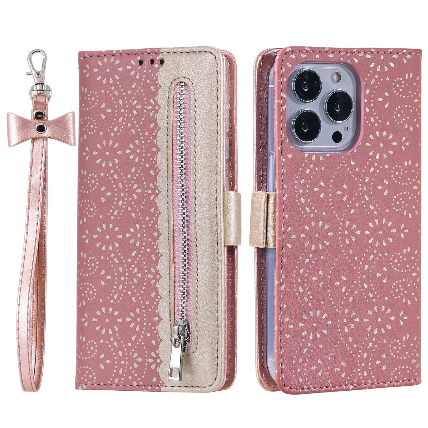 Stand Shell for iPhone 15 Pro Zipper Wallet Lace Flower Pattern Leather Phone Case with Bowknot Wrist Strap - Rose Gold