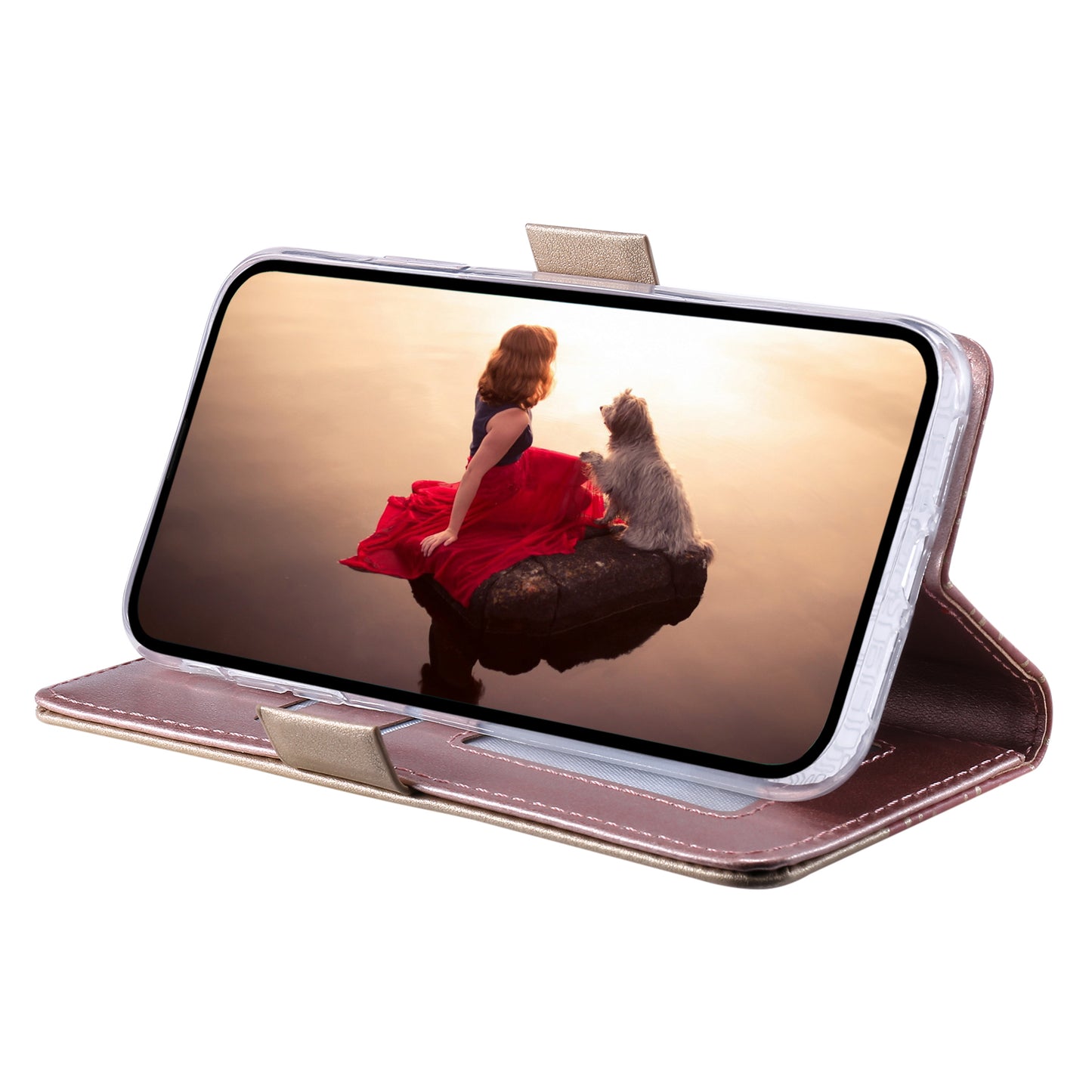 Stand Shell for iPhone 15 Pro Zipper Wallet Lace Flower Pattern Leather Phone Case with Bowknot Wrist Strap - Rose Gold