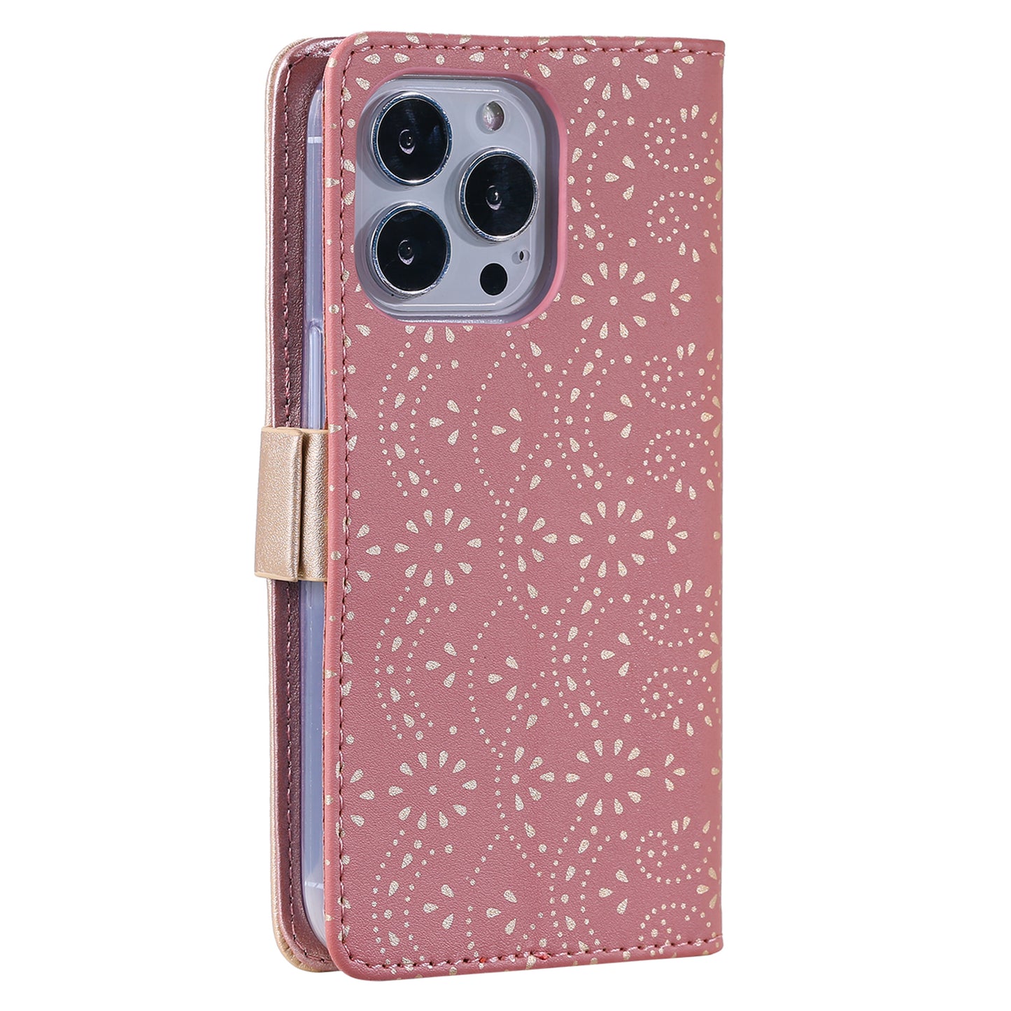 Stand Shell for iPhone 15 Pro Zipper Wallet Lace Flower Pattern Leather Phone Case with Bowknot Wrist Strap - Rose Gold