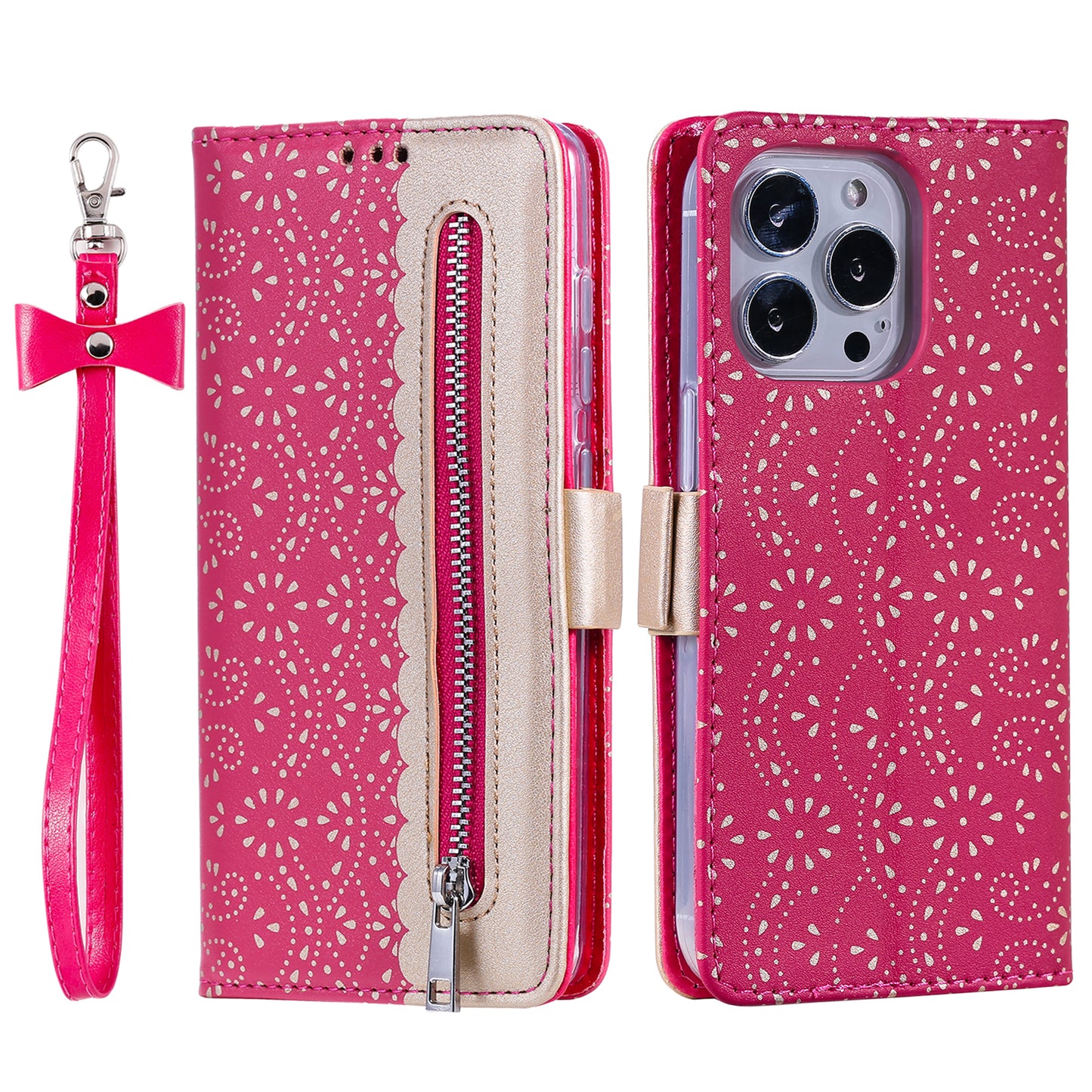 Stand Shell for iPhone 15 Pro Zipper Wallet Lace Flower Pattern Leather Phone Case with Bowknot Wrist Strap - Rose