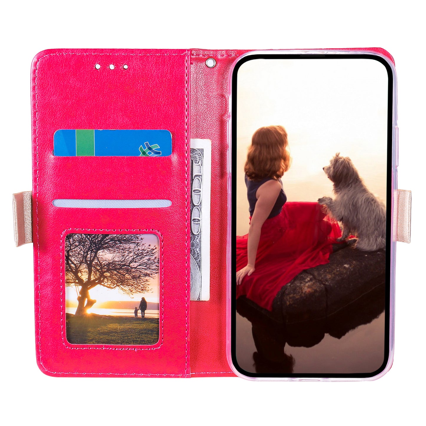 Stand Shell for iPhone 15 Pro Zipper Wallet Lace Flower Pattern Leather Phone Case with Bowknot Wrist Strap - Rose