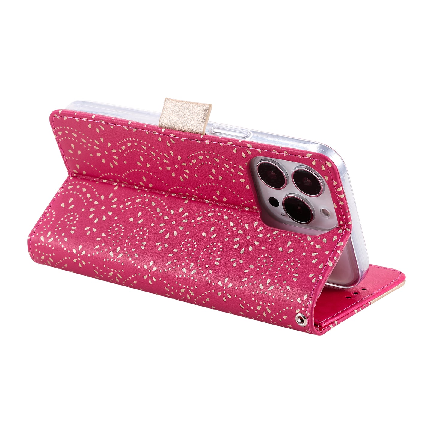 Stand Shell for iPhone 15 Pro Zipper Wallet Lace Flower Pattern Leather Phone Case with Bowknot Wrist Strap - Rose