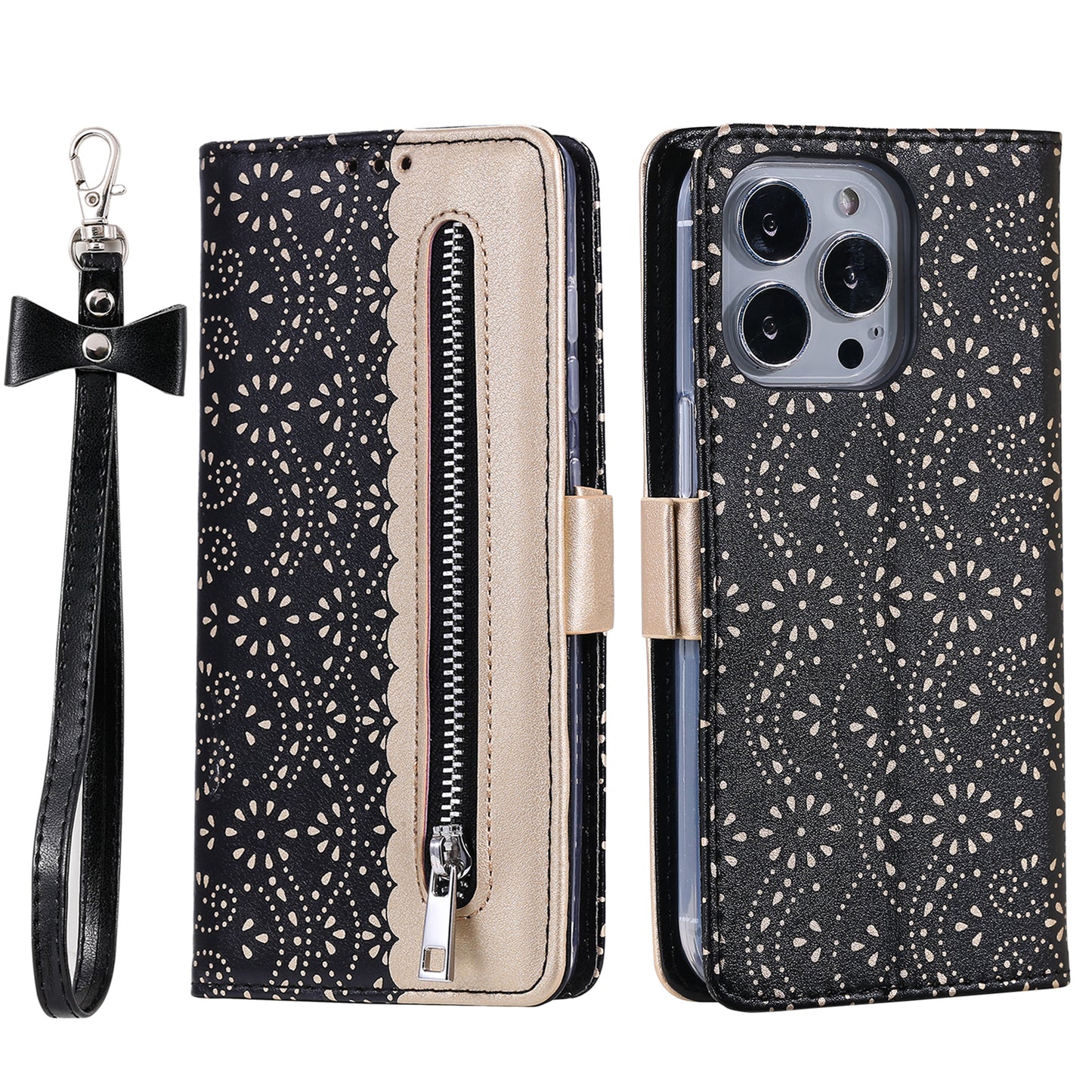 Stand Shell for iPhone 15 Pro Zipper Wallet Lace Flower Pattern Leather Phone Case with Bowknot Wrist Strap - Black