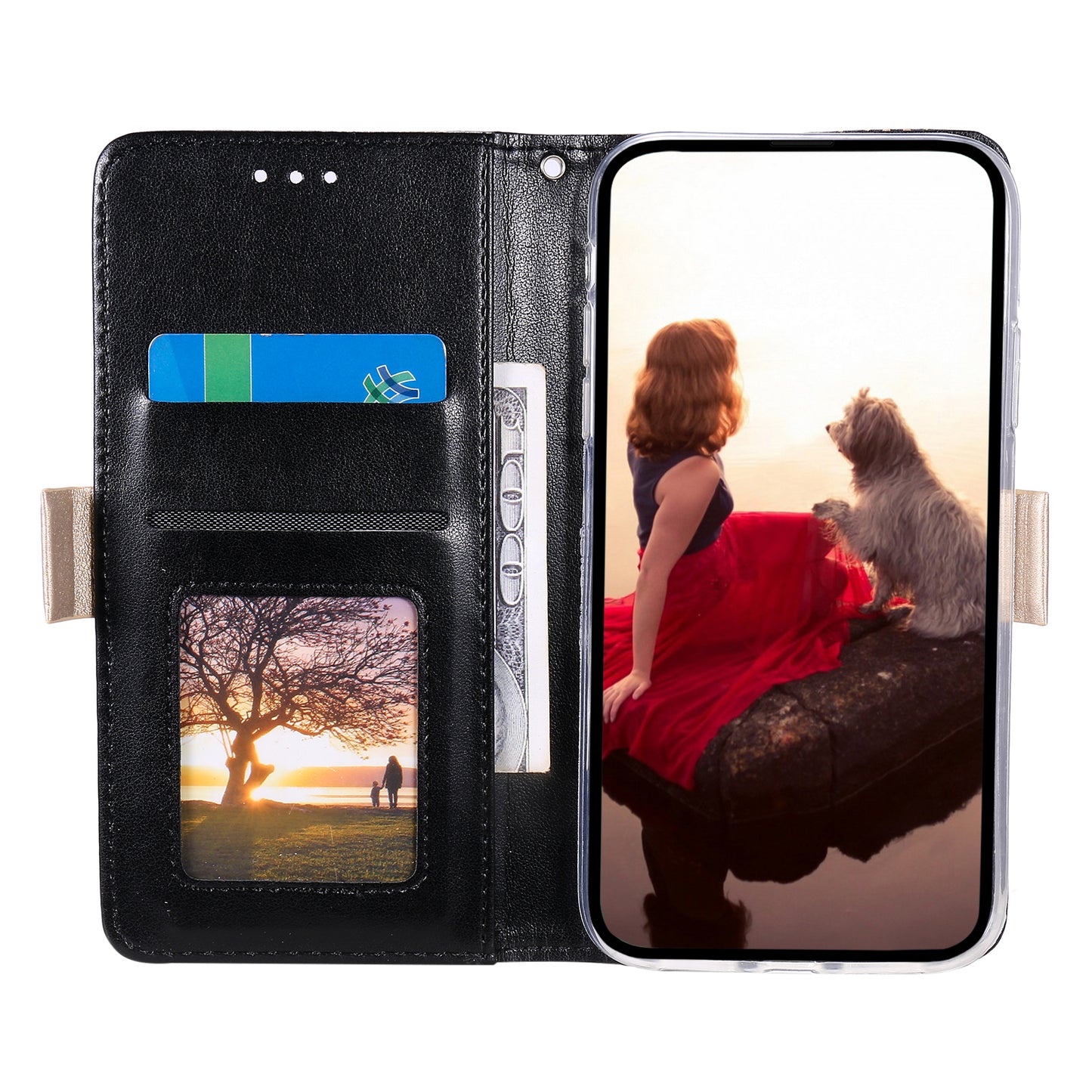 Stand Shell for iPhone 15 Pro Zipper Wallet Lace Flower Pattern Leather Phone Case with Bowknot Wrist Strap - Black