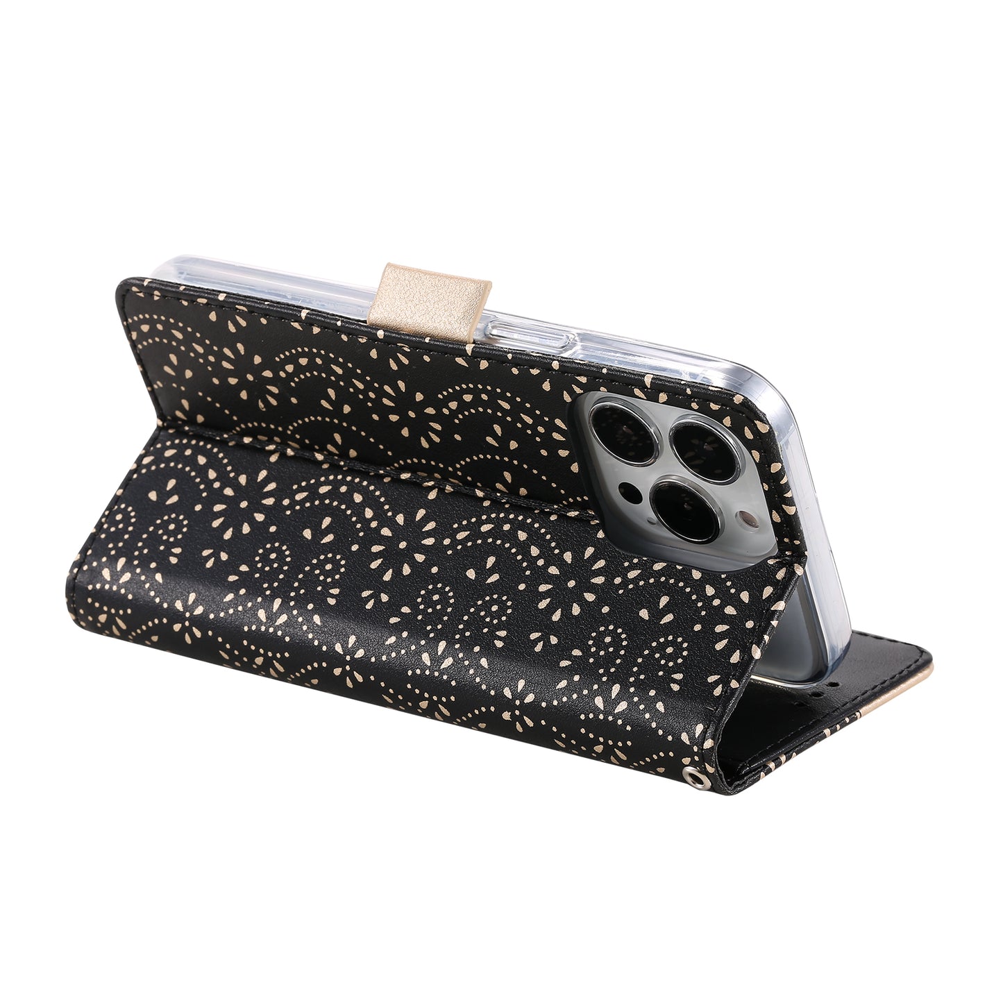 Stand Shell for iPhone 15 Pro Zipper Wallet Lace Flower Pattern Leather Phone Case with Bowknot Wrist Strap - Black