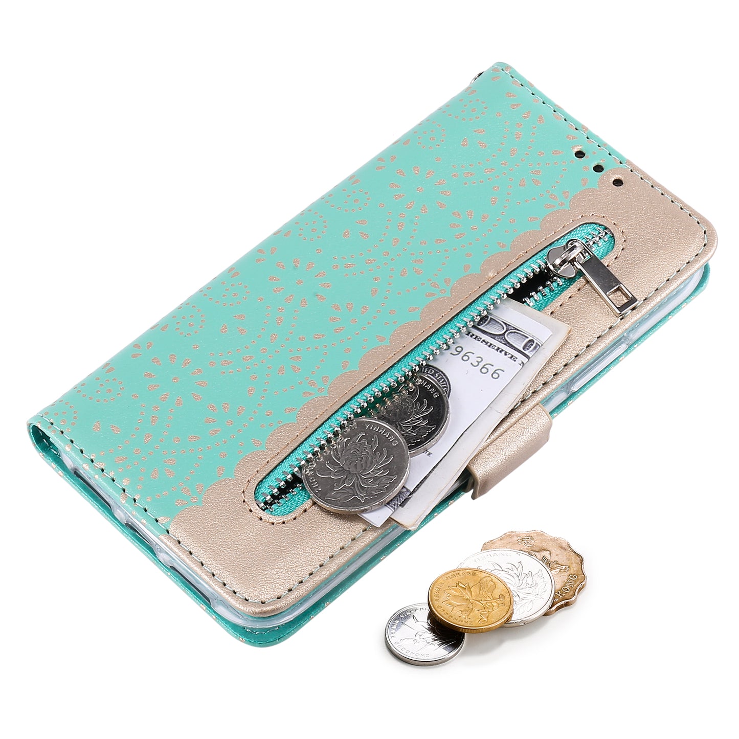 Stand Shell for iPhone 15 Pro Zipper Wallet Lace Flower Pattern Leather Phone Case with Bowknot Wrist Strap - Green