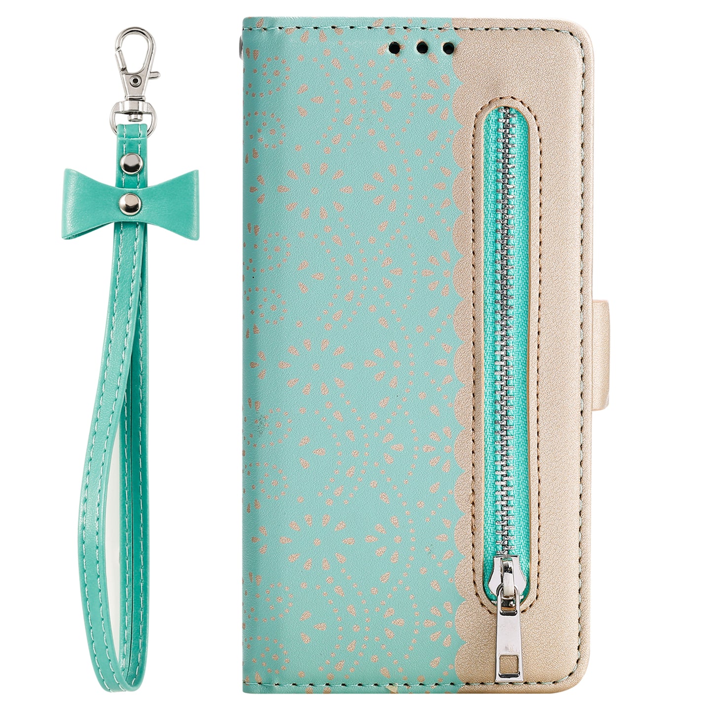 Stand Shell for iPhone 15 Pro Zipper Wallet Lace Flower Pattern Leather Phone Case with Bowknot Wrist Strap - Green