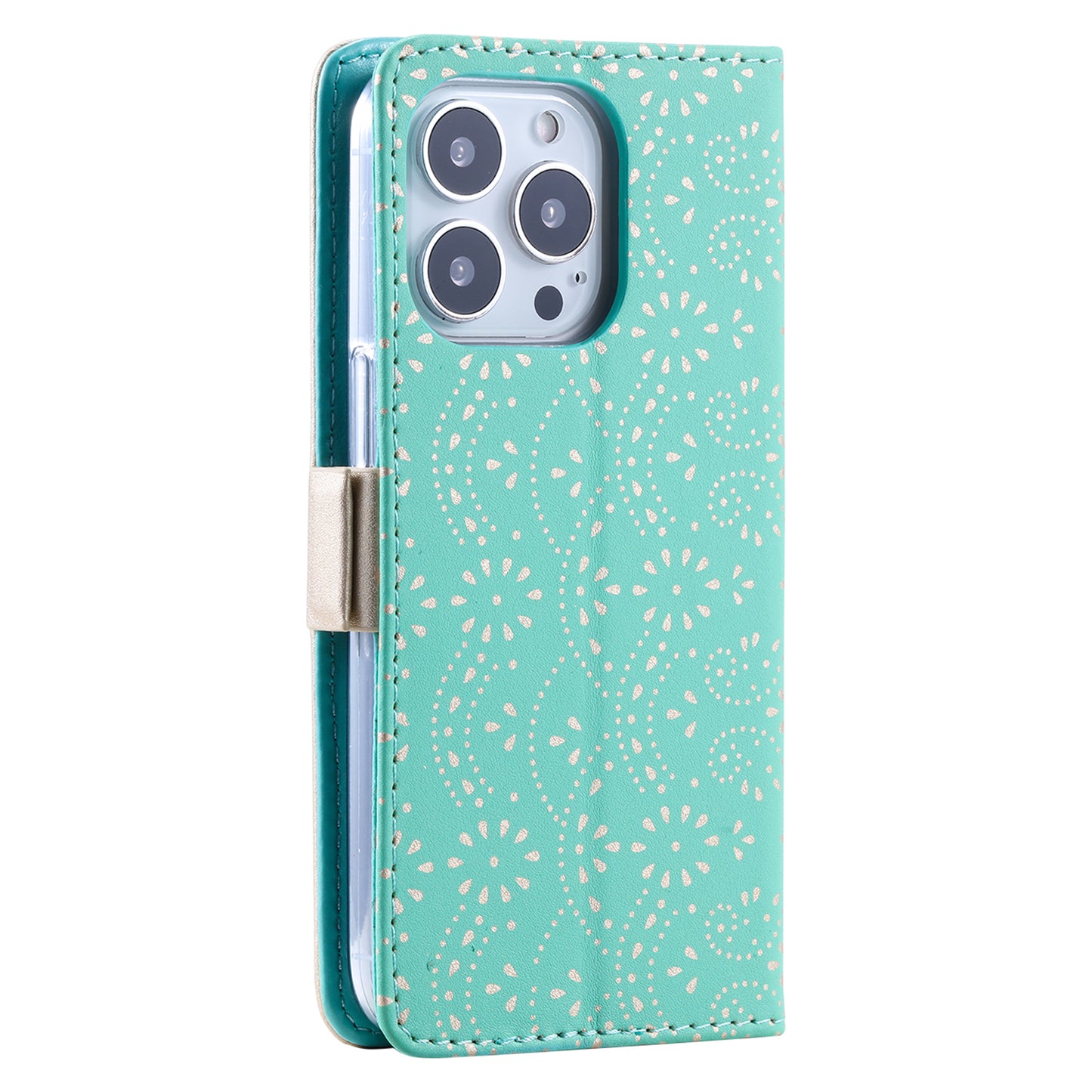 Stand Shell for iPhone 15 Pro Zipper Wallet Lace Flower Pattern Leather Phone Case with Bowknot Wrist Strap - Green