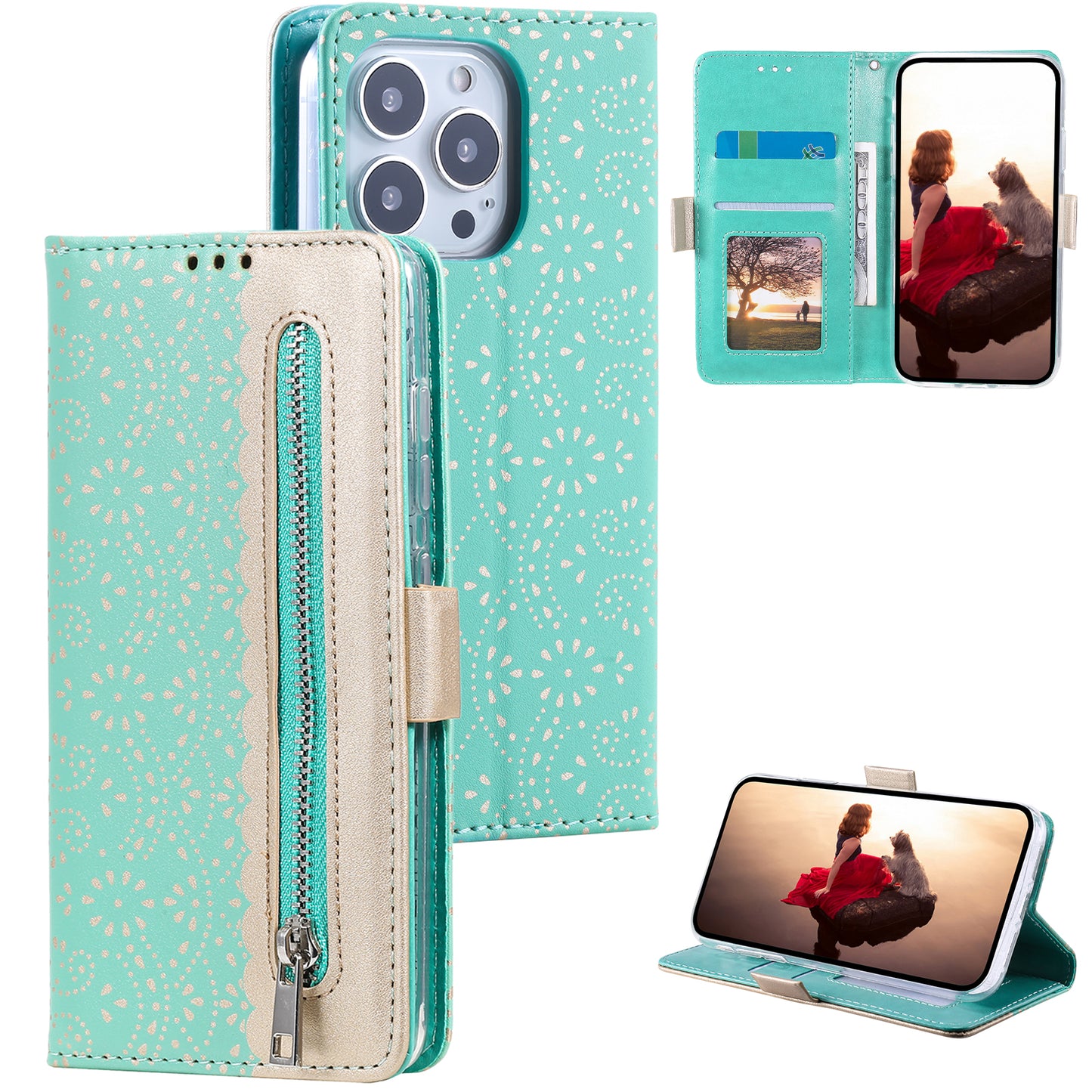 Stand Shell for iPhone 15 Pro Zipper Wallet Lace Flower Pattern Leather Phone Case with Bowknot Wrist Strap - Green