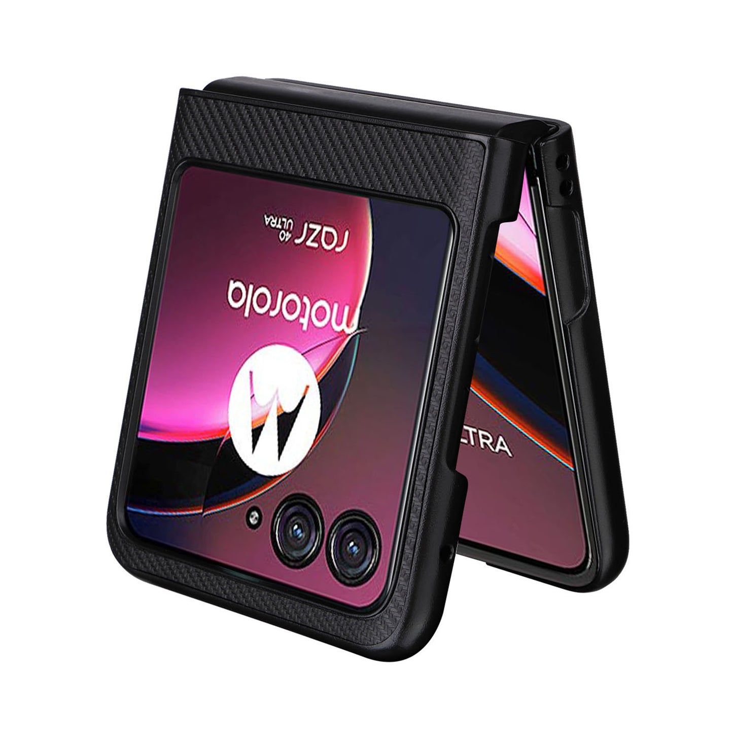 Uniqkart for Motorola Razr 40 Ultra 5G Carbon Fiber Texture Phone Case PU Leather Coated PC Cover - Black