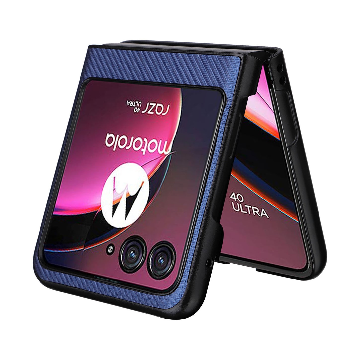 Uniqkart for Motorola Razr 40 Ultra 5G Carbon Fiber Texture Phone Case PU Leather Coated PC Cover - Blue