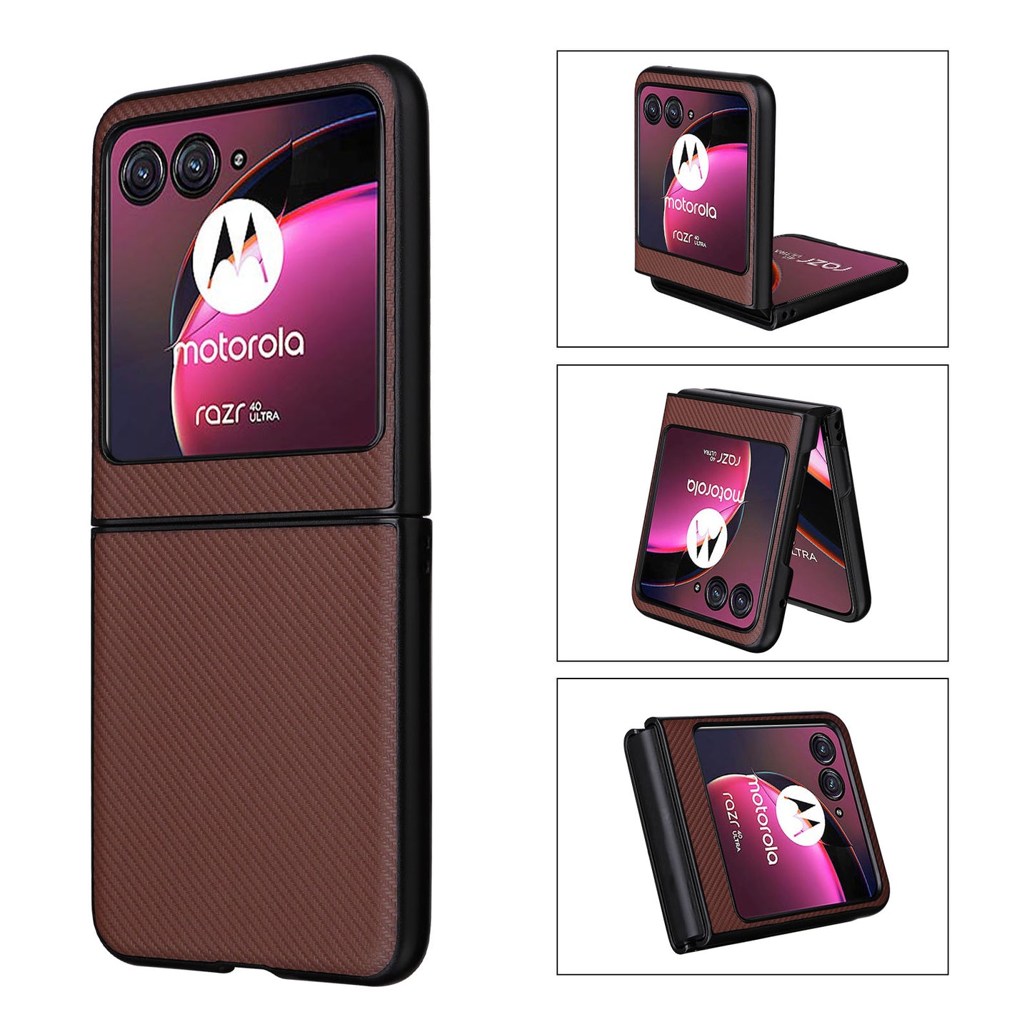 Uniqkart for Motorola Razr 40 Ultra 5G Carbon Fiber Texture Phone Case PU Leather Coated PC Cover - Brown