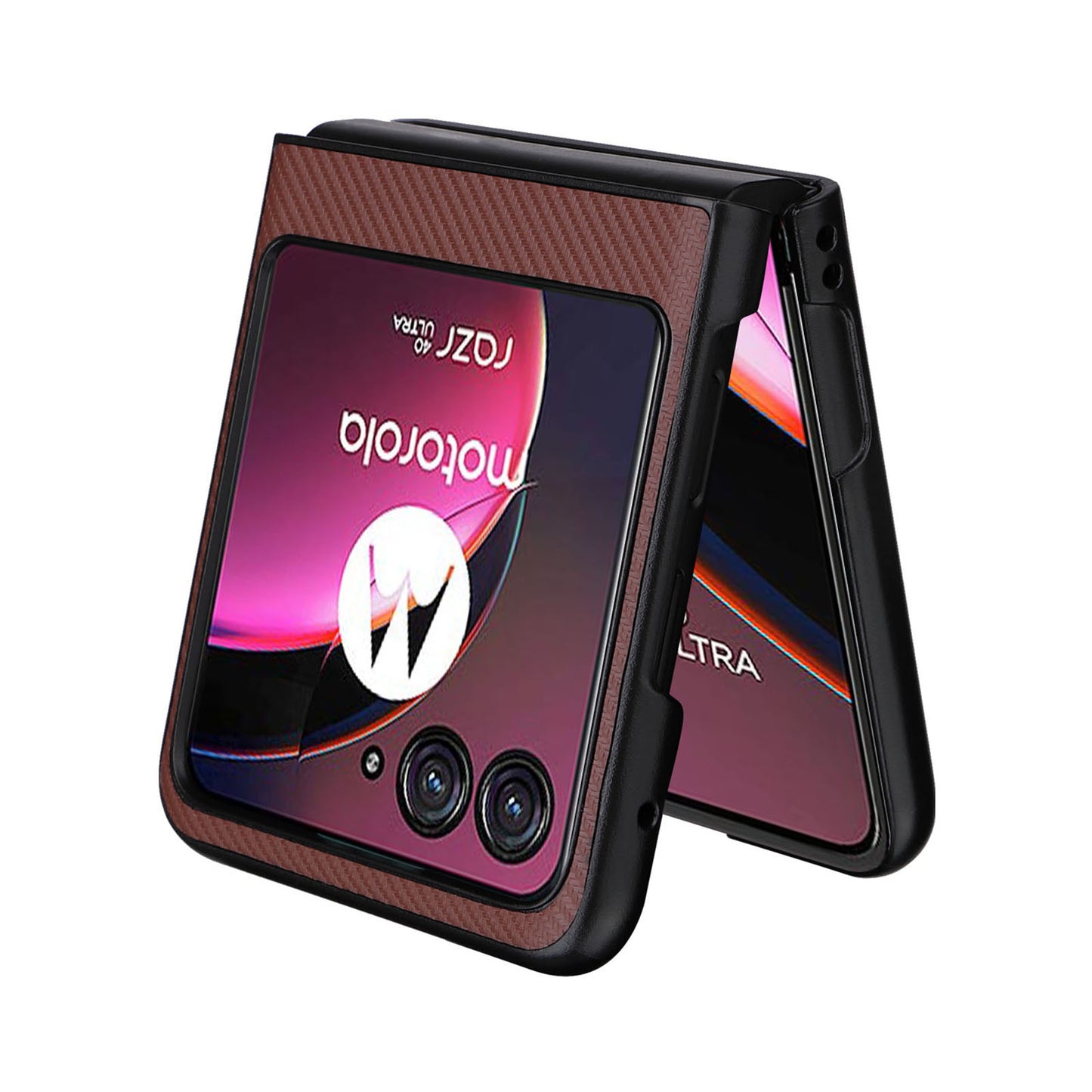 Uniqkart for Motorola Razr 40 Ultra 5G Carbon Fiber Texture Phone Case PU Leather Coated PC Cover - Brown