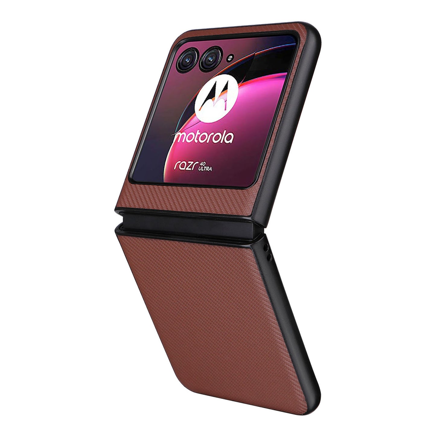 Uniqkart for Motorola Razr 40 Ultra 5G Carbon Fiber Texture Phone Case PU Leather Coated PC Cover - Brown