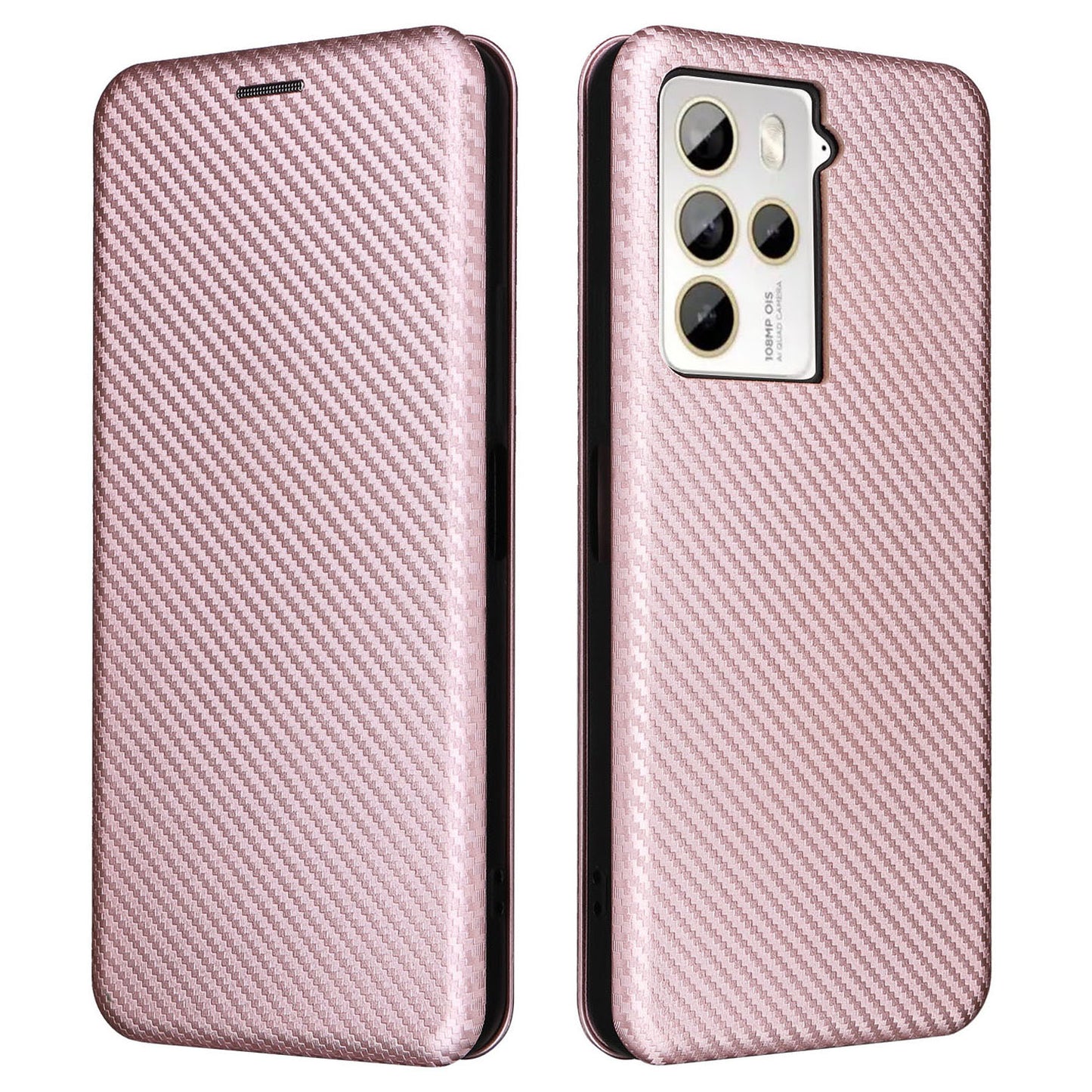 Uniqkart for HTC U23 Pro 5G Phone Stand Case Carbon Fiber Texture Leather Cover with Card Slot - Rose Gold