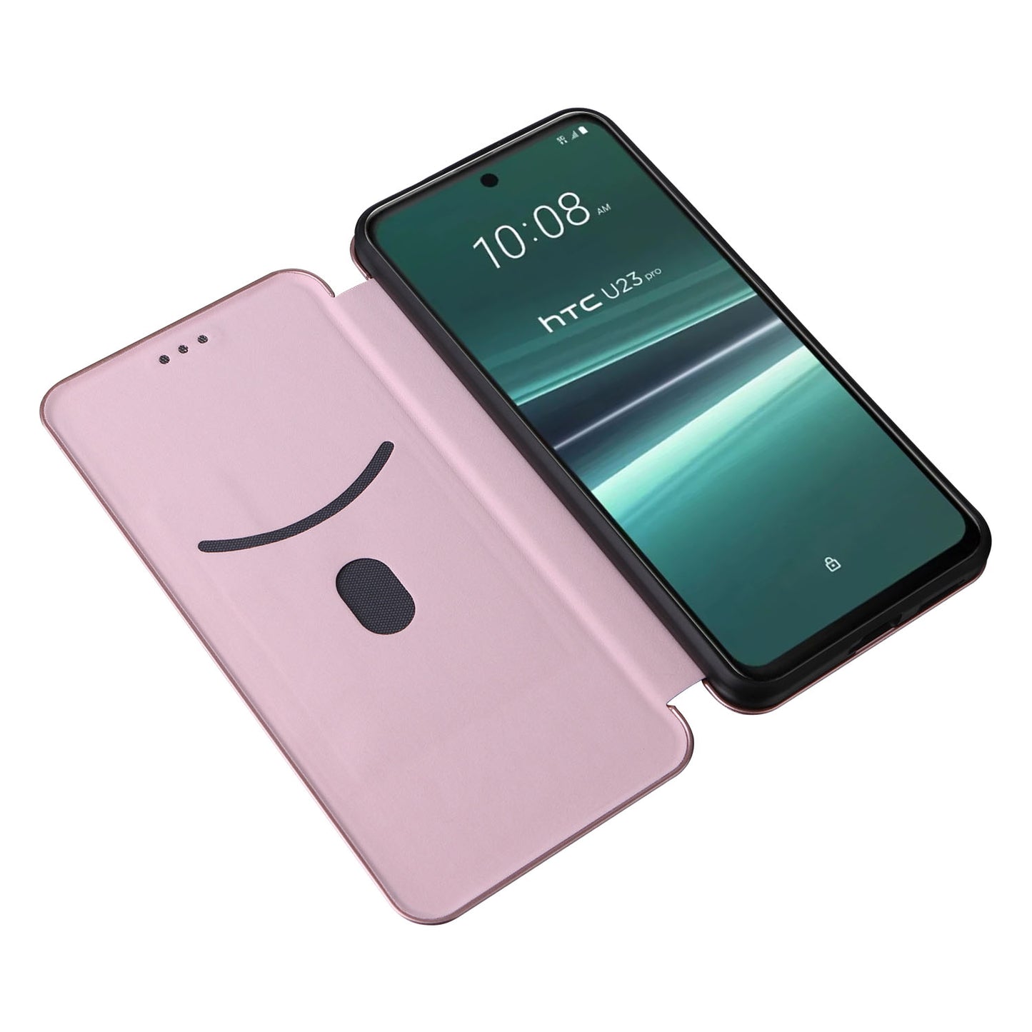 Uniqkart for HTC U23 Pro 5G Phone Stand Case Carbon Fiber Texture Leather Cover with Card Slot - Rose Gold