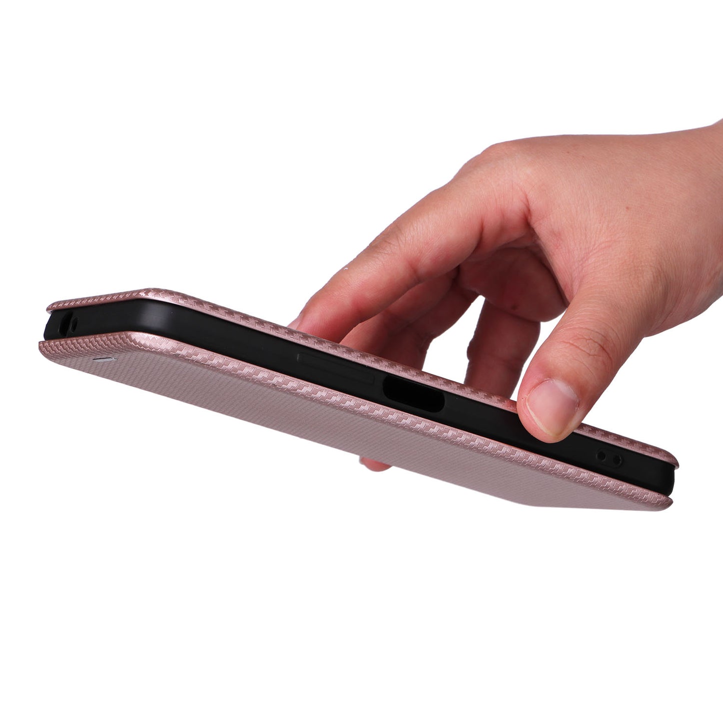 Uniqkart for HTC U23 Pro 5G Phone Stand Case Carbon Fiber Texture Leather Cover with Card Slot - Rose Gold