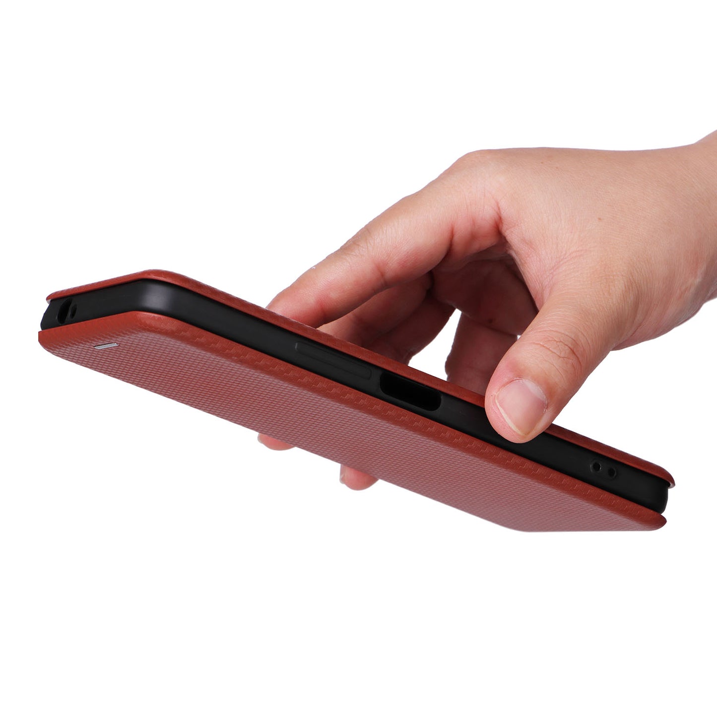 Uniqkart for HTC U23 Pro 5G Phone Stand Case Carbon Fiber Texture Leather Cover with Card Slot - Brown