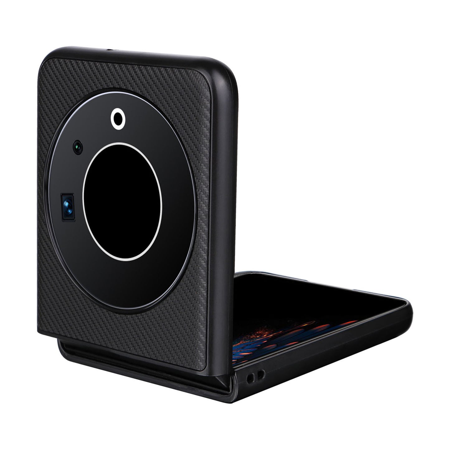 Uniqkart for Tecno Phantom V Flip Carbon Fiber Texture Case PU Leather Coated PC Anti-drop Phone Cover - Black