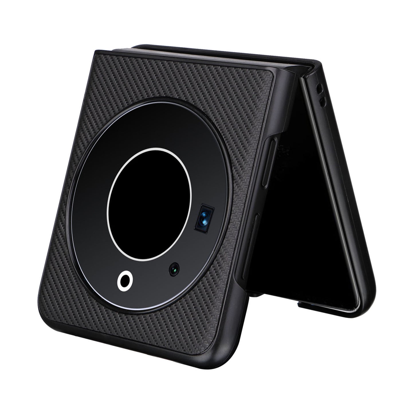 Uniqkart for Tecno Phantom V Flip Carbon Fiber Texture Case PU Leather Coated PC Anti-drop Phone Cover - Black