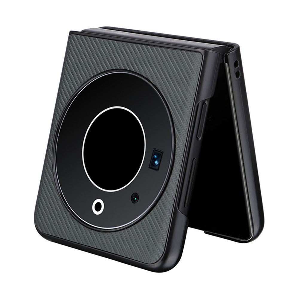 Uniqkart for Tecno Phantom V Flip Carbon Fiber Texture Case PU Leather Coated PC Anti-drop Phone Cover - Green