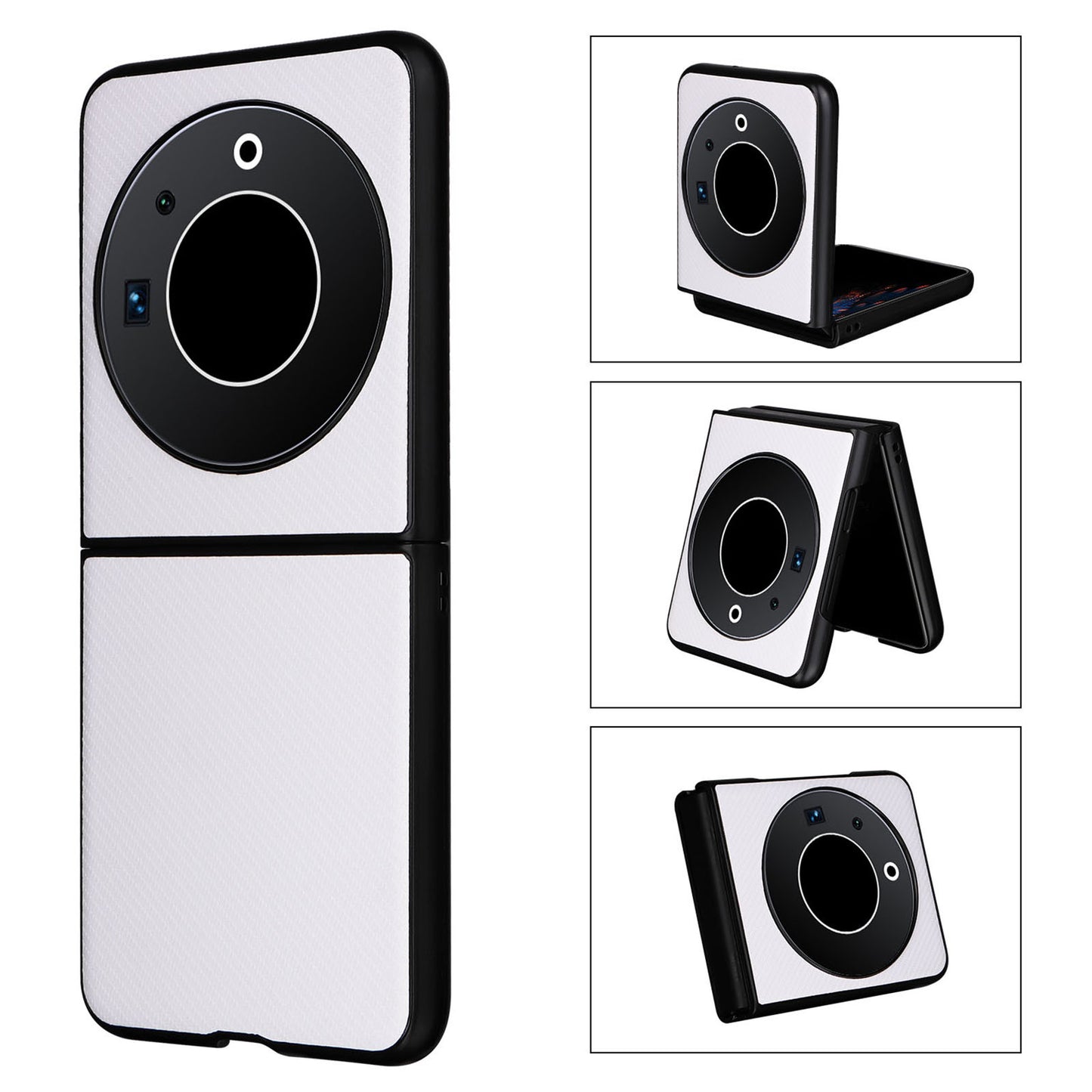 Uniqkart for Tecno Phantom V Flip Carbon Fiber Texture Case PU Leather Coated PC Anti-drop Phone Cover - White