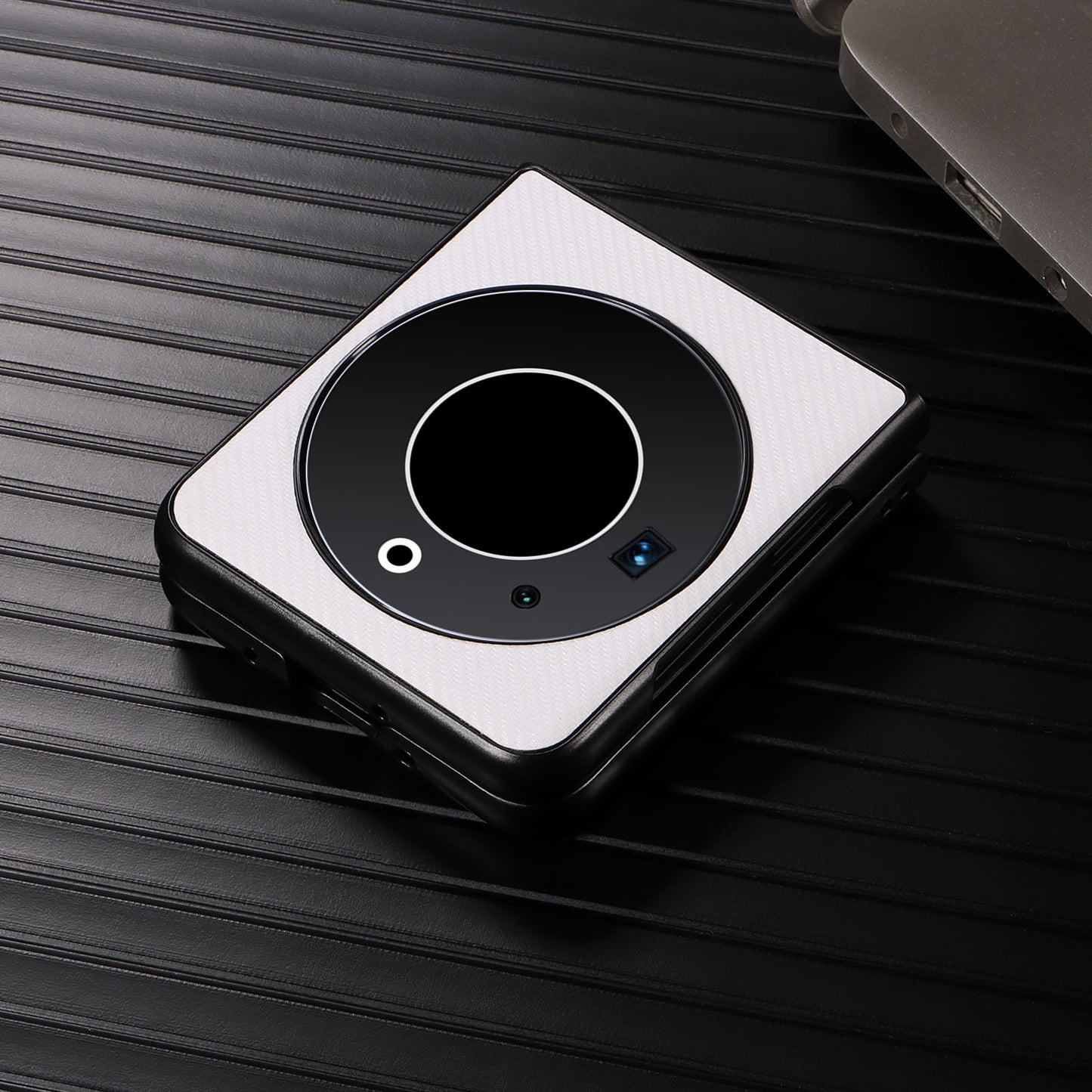 Uniqkart for Tecno Phantom V Flip Carbon Fiber Texture Case PU Leather Coated PC Anti-drop Phone Cover - White