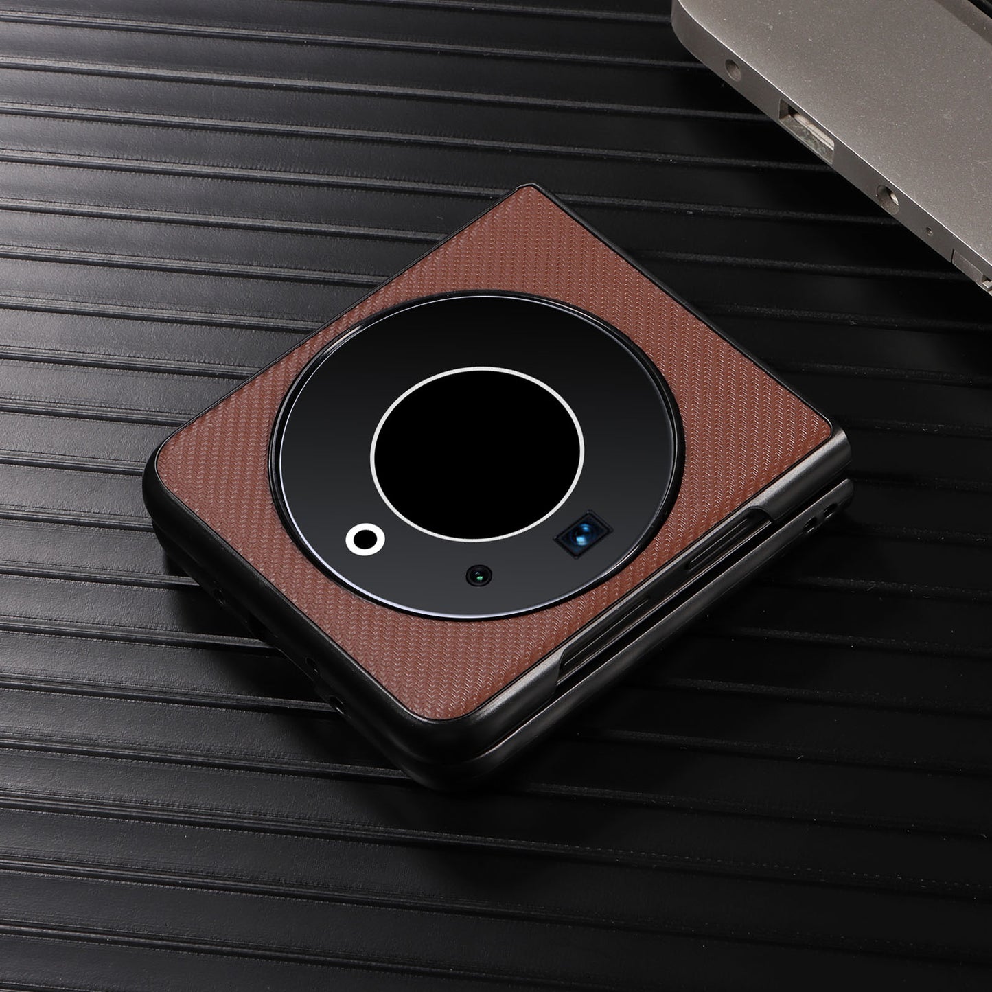 Uniqkart for Tecno Phantom V Flip Carbon Fiber Texture Case PU Leather Coated PC Anti-drop Phone Cover - Brown