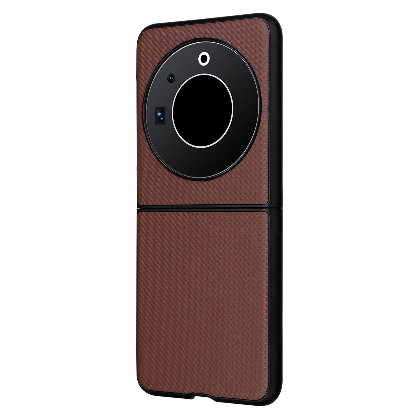 Uniqkart for Tecno Phantom V Flip Carbon Fiber Texture Case PU Leather Coated PC Anti-drop Phone Cover - Brown