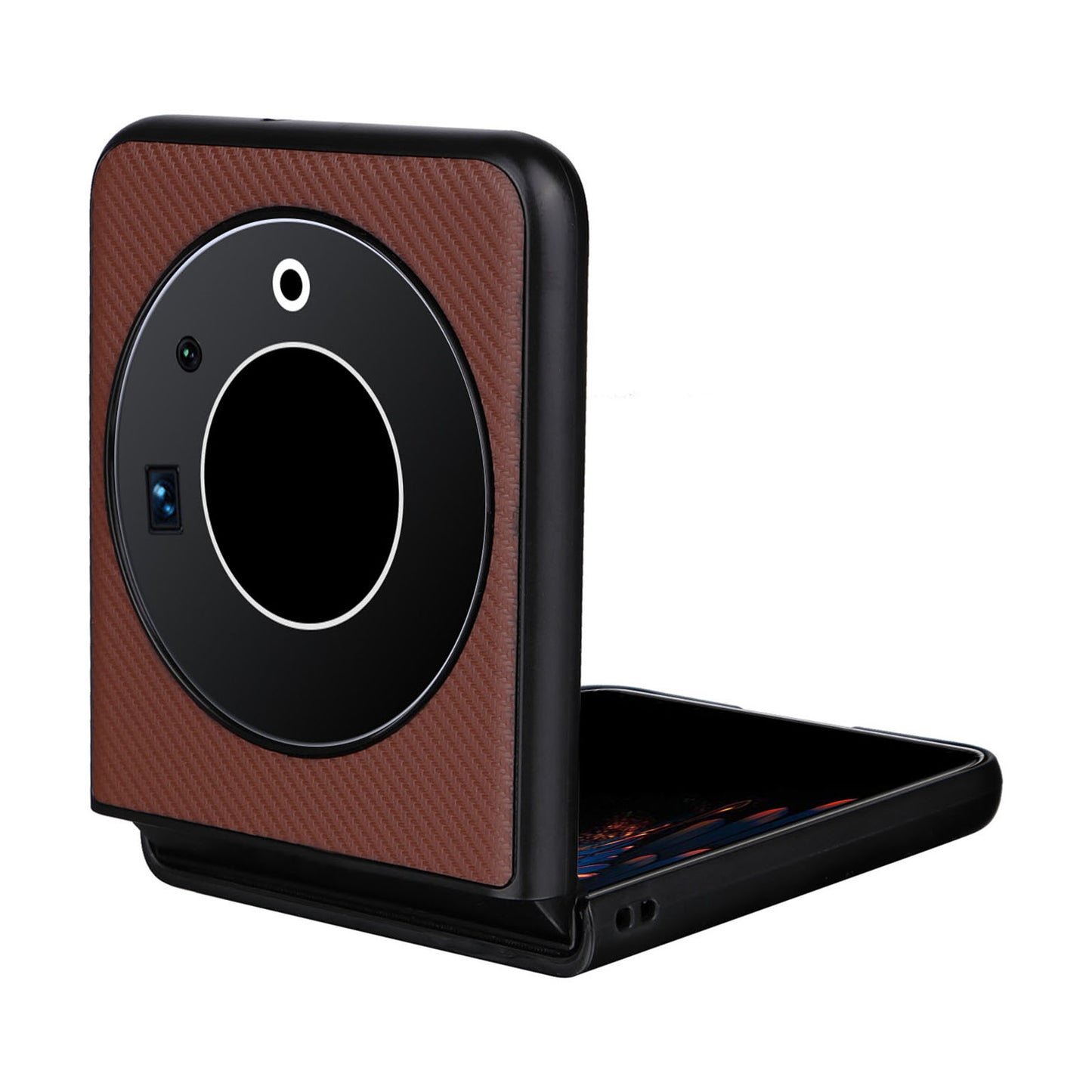 Uniqkart for Tecno Phantom V Flip Carbon Fiber Texture Case PU Leather Coated PC Anti-drop Phone Cover - Brown