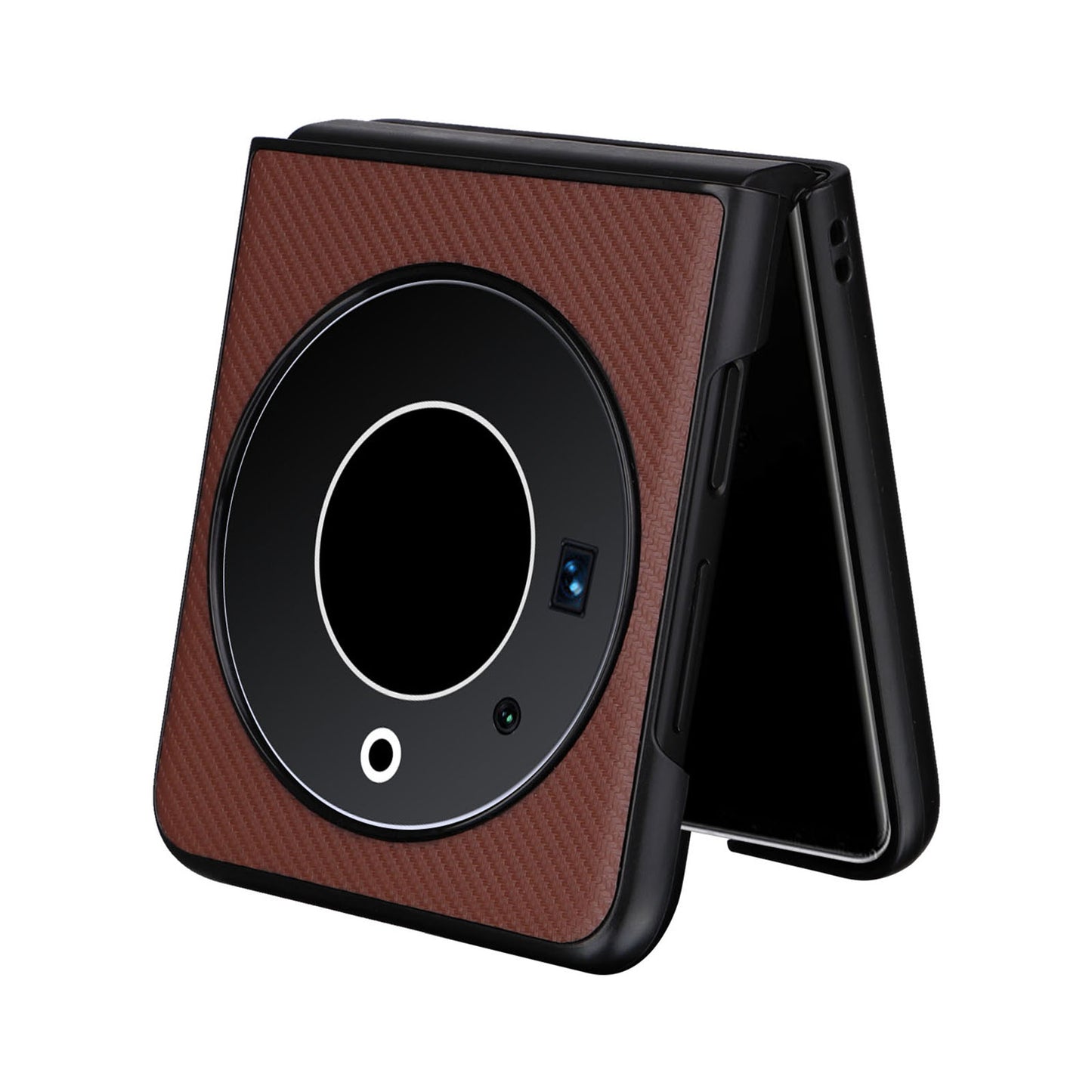 Uniqkart for Tecno Phantom V Flip Carbon Fiber Texture Case PU Leather Coated PC Anti-drop Phone Cover - Brown