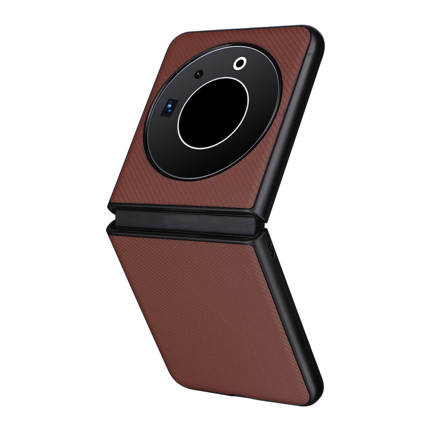 Uniqkart for Tecno Phantom V Flip Carbon Fiber Texture Case PU Leather Coated PC Anti-drop Phone Cover - Brown