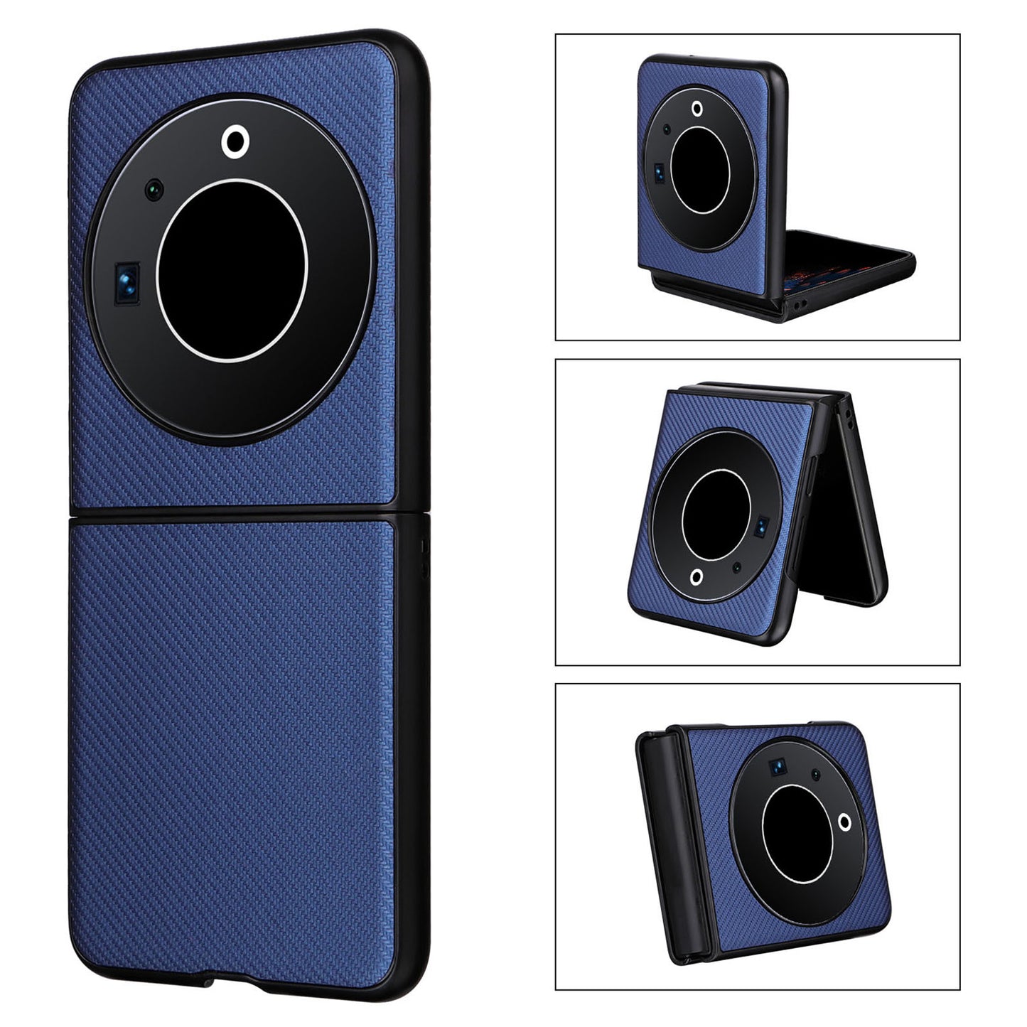 Uniqkart for Tecno Phantom V Flip Carbon Fiber Texture Case PU Leather Coated PC Anti-drop Phone Cover - Blue