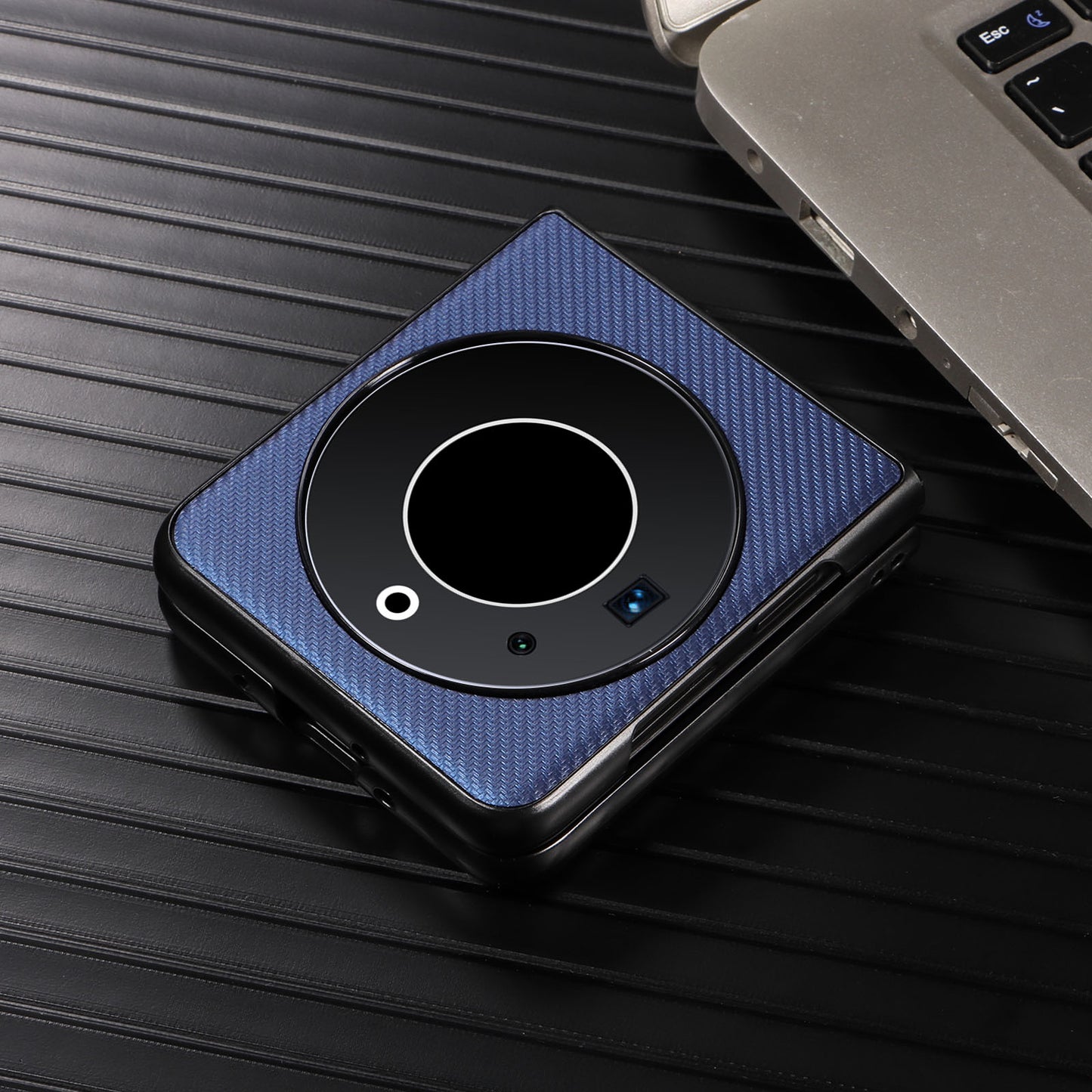 Uniqkart for Tecno Phantom V Flip Carbon Fiber Texture Case PU Leather Coated PC Anti-drop Phone Cover - Blue