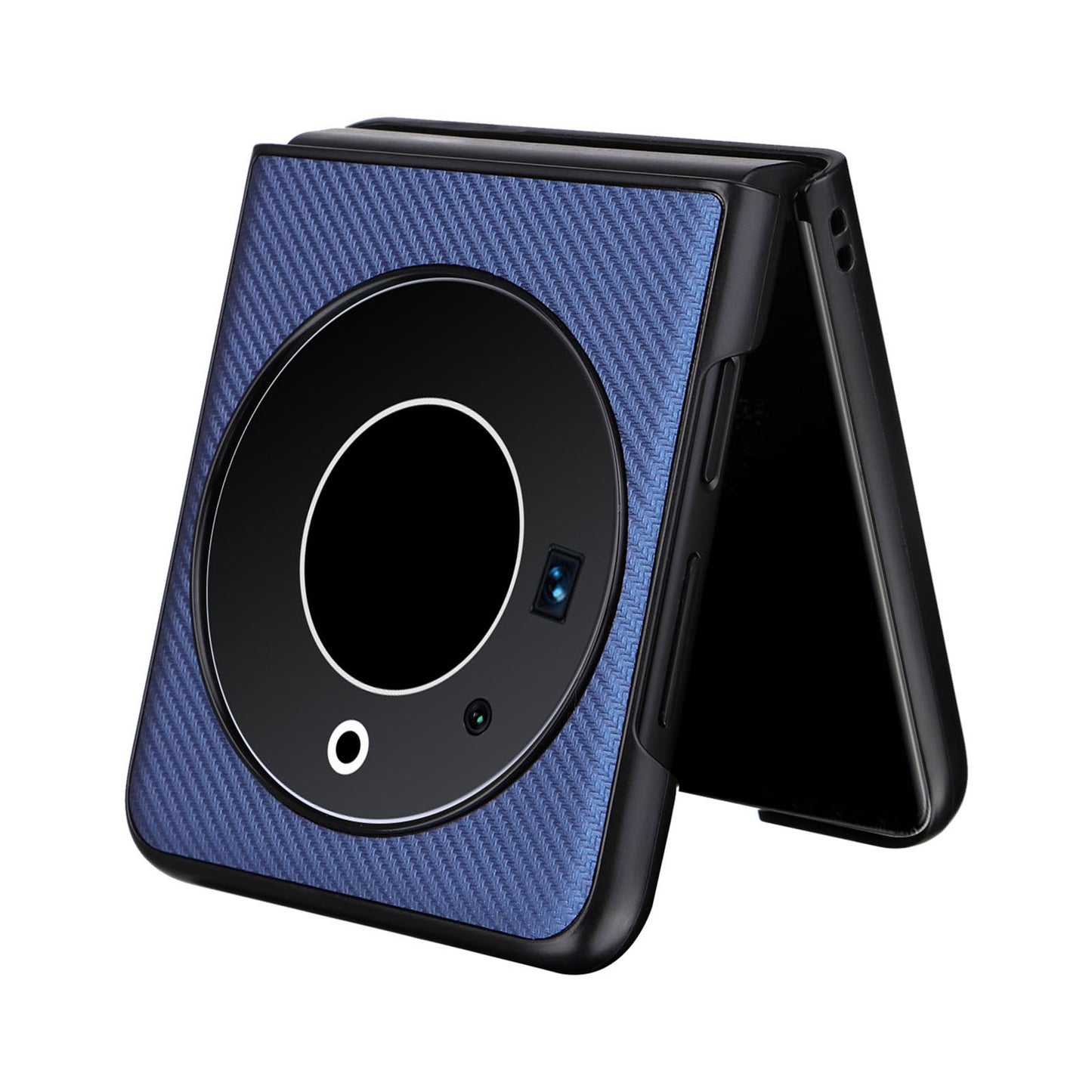 Uniqkart for Tecno Phantom V Flip Carbon Fiber Texture Case PU Leather Coated PC Anti-drop Phone Cover - Blue