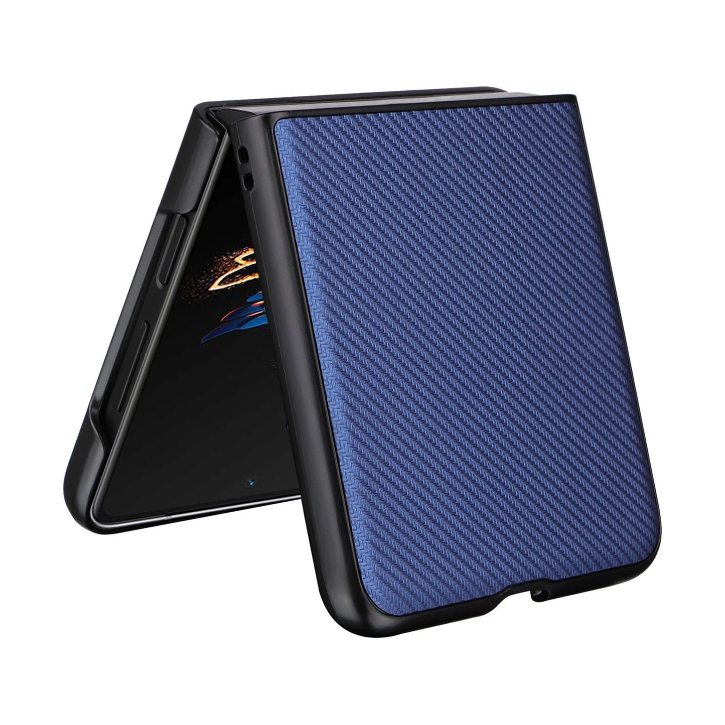 Uniqkart for Tecno Phantom V Flip Carbon Fiber Texture Case PU Leather Coated PC Anti-drop Phone Cover - Blue