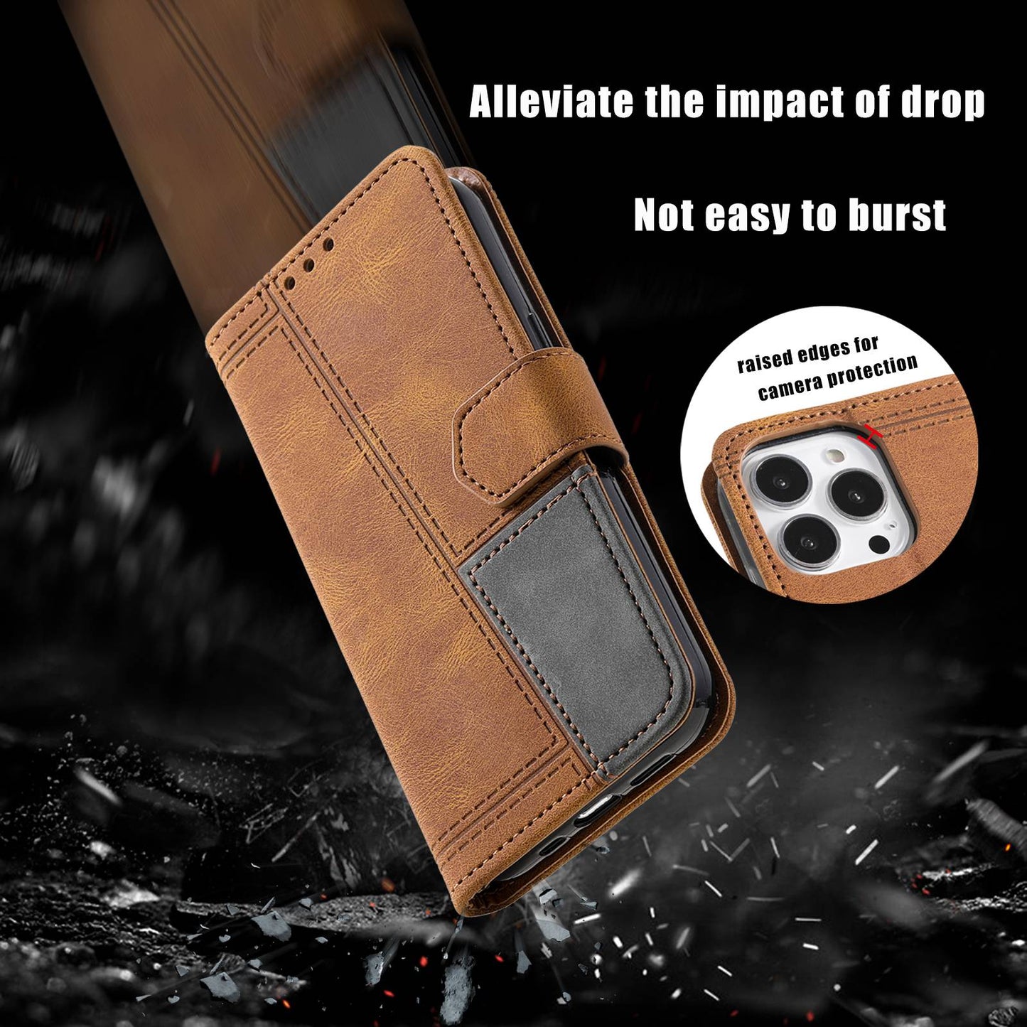 Uniqkart Leather Case for iPhone 15 Ultra Style 004 Splicing Skin-touch RFID Blocking Wallet Stand Wrist Strap Cover - Brown