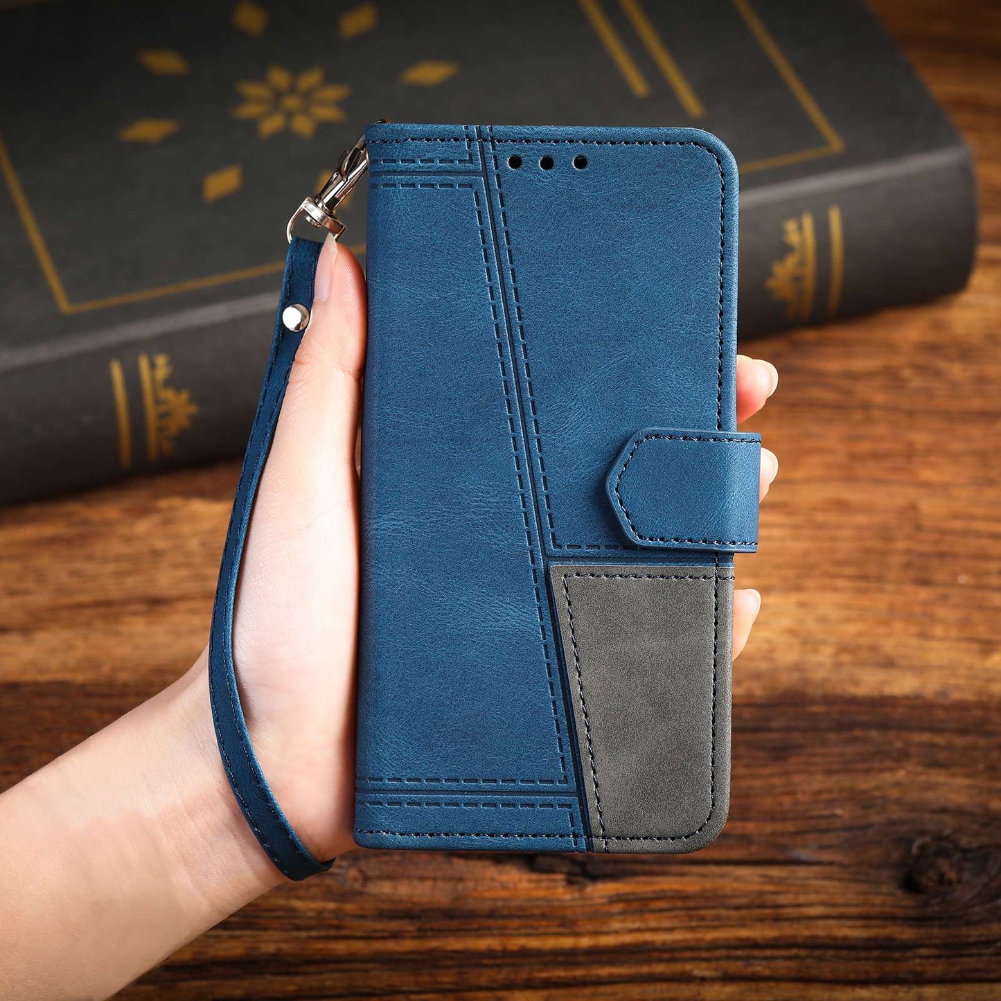 Uniqkart Leather Case for iPhone 15 Ultra Style 004 Splicing Skin-touch RFID Blocking Wallet Stand Wrist Strap Cover - Blue