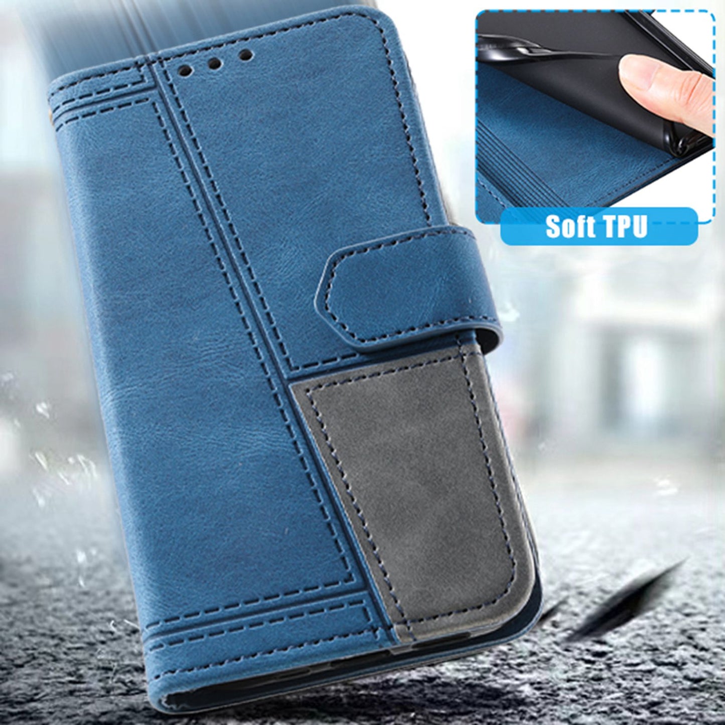 Uniqkart Leather Case for iPhone 15 Ultra Style 004 Splicing Skin-touch RFID Blocking Wallet Stand Wrist Strap Cover - Blue
