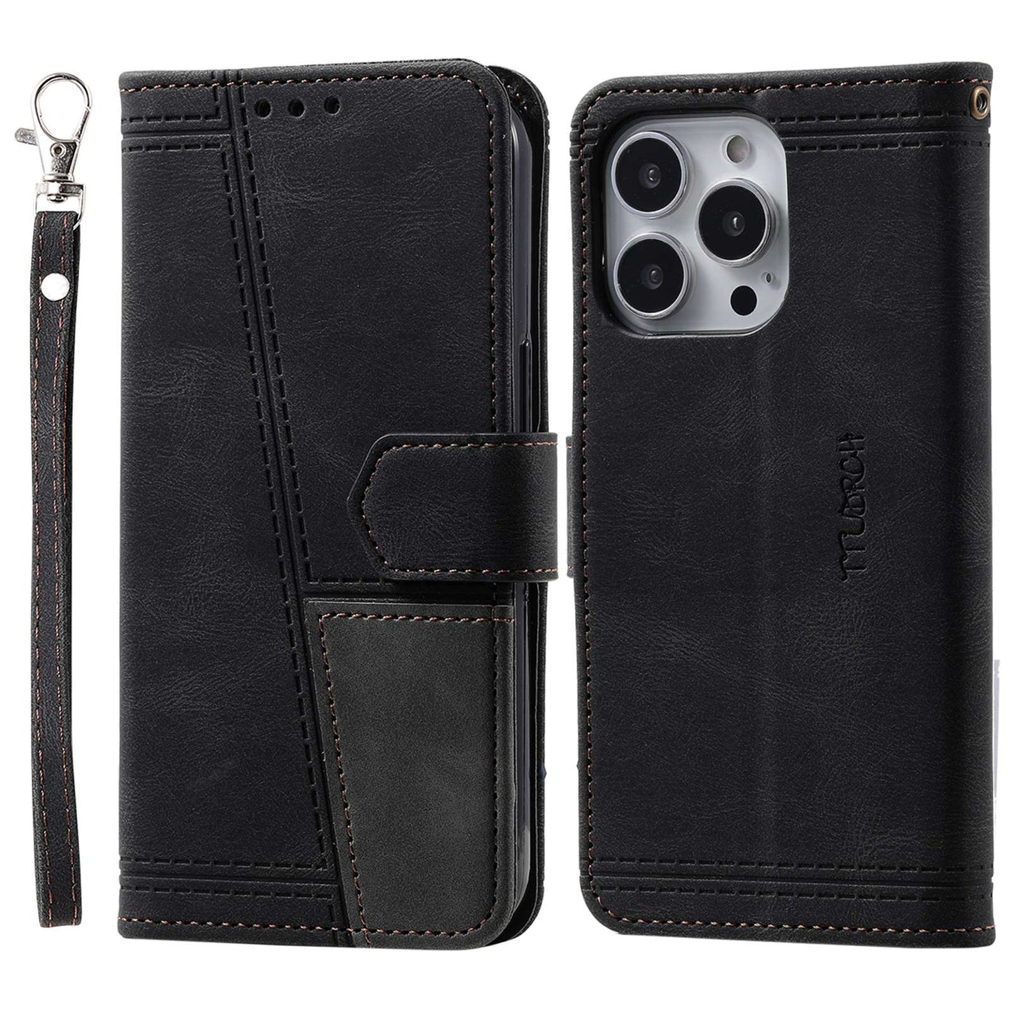 Uniqkart Leather Case for iPhone 15 Ultra Style 004 Splicing Skin-touch RFID Blocking Wallet Stand Wrist Strap Cover - Black