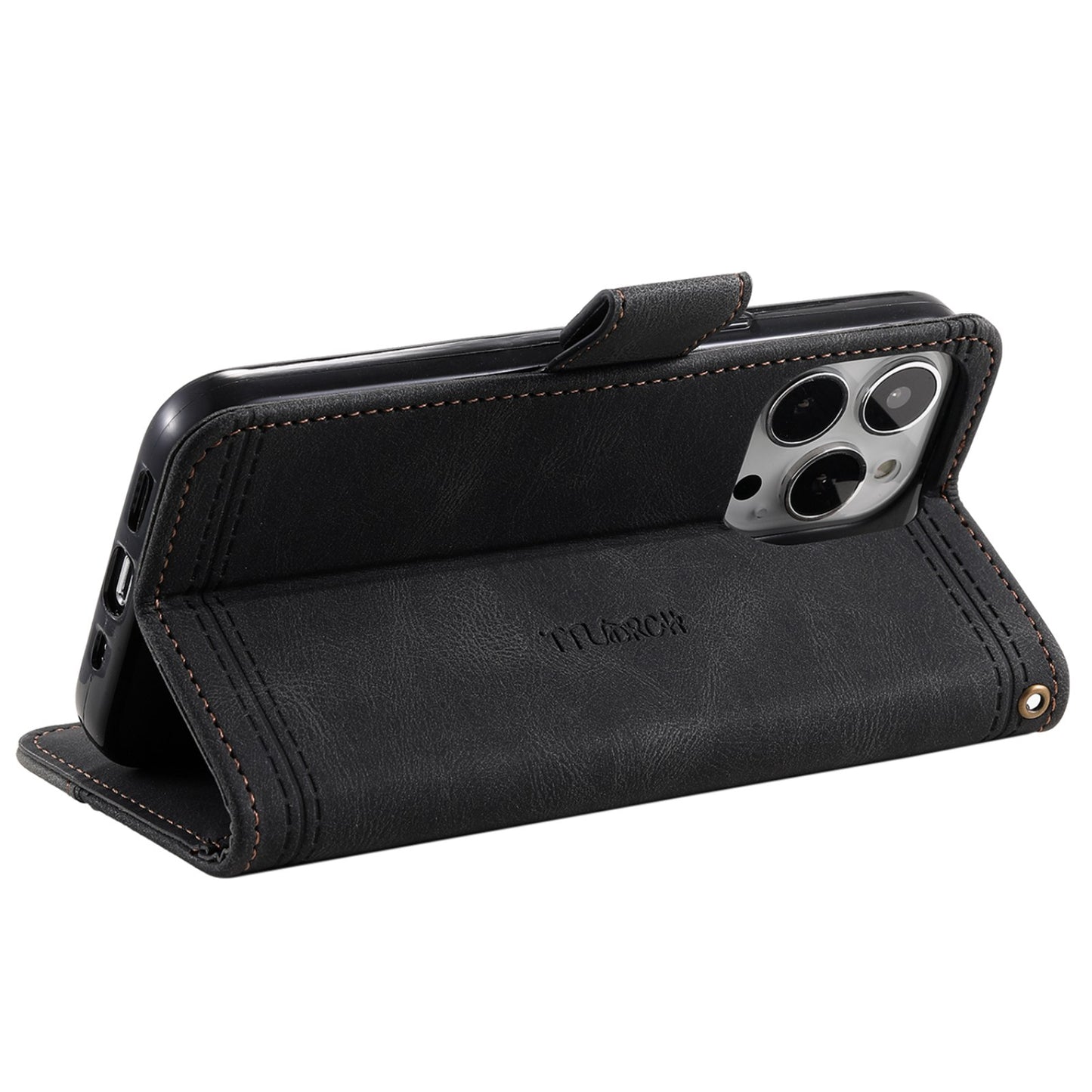 Uniqkart Leather Case for iPhone 15 Ultra Style 004 Splicing Skin-touch RFID Blocking Wallet Stand Wrist Strap Cover - Black